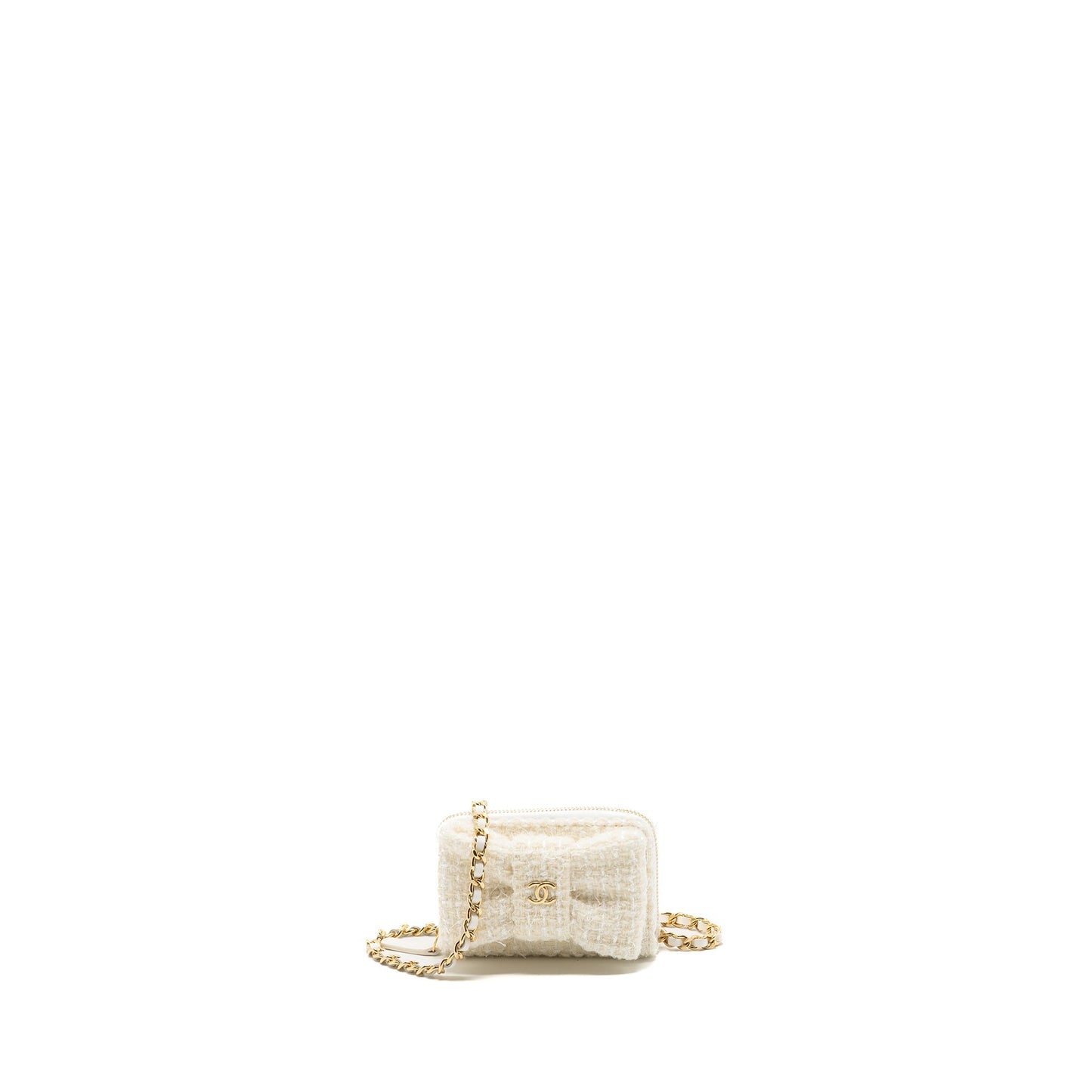 Chanel Bow Card Holder Tweed LGHW Microchip White Wallet Case