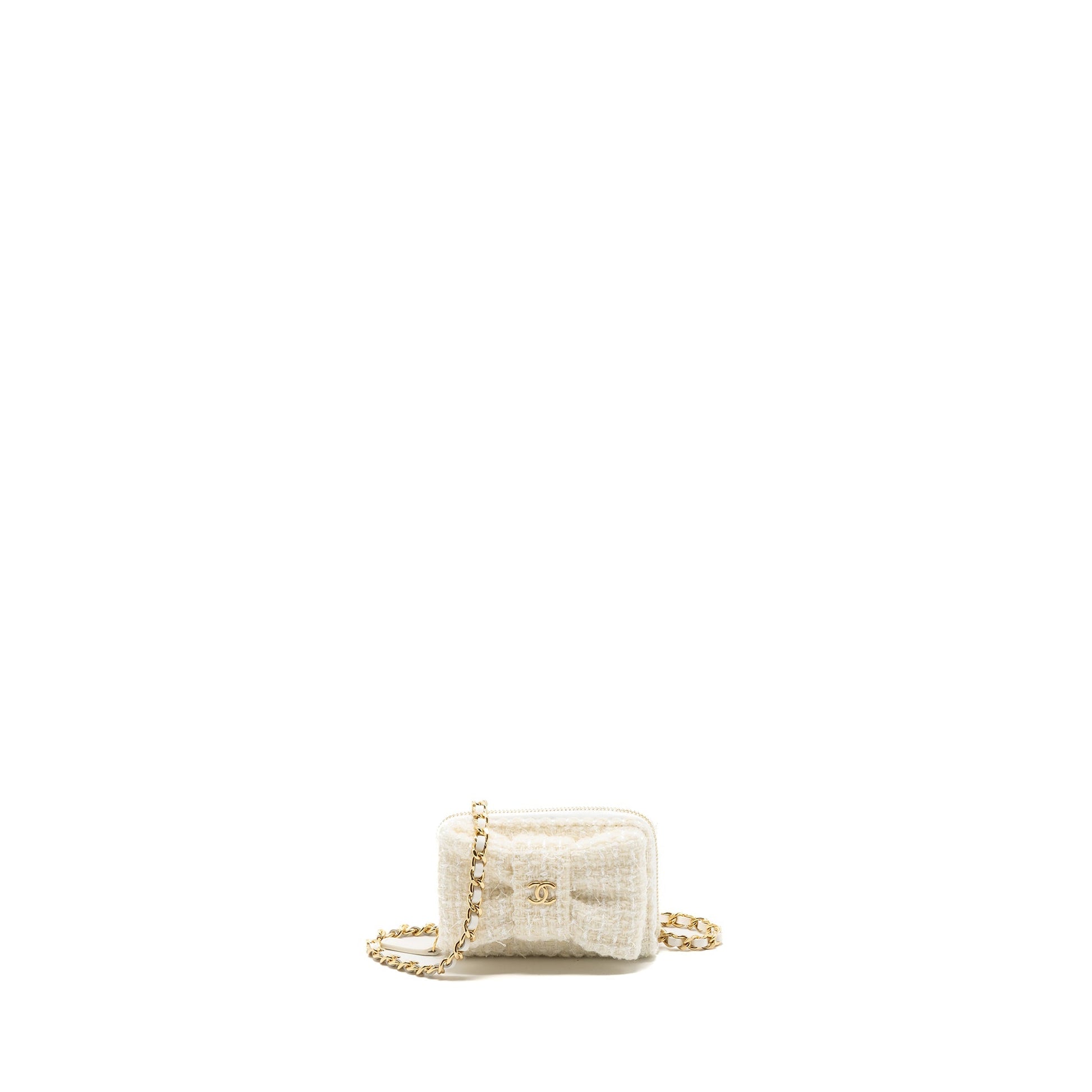 Chanel Bow Card Holder Tweed LGHW Microchip White Wallet Case
