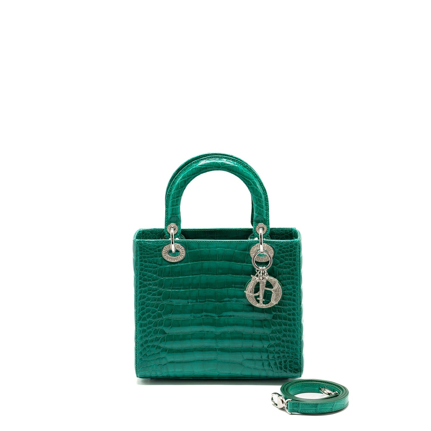 Dior Lady Crocodile With Crystal Handbag Green Medium Travel Bag