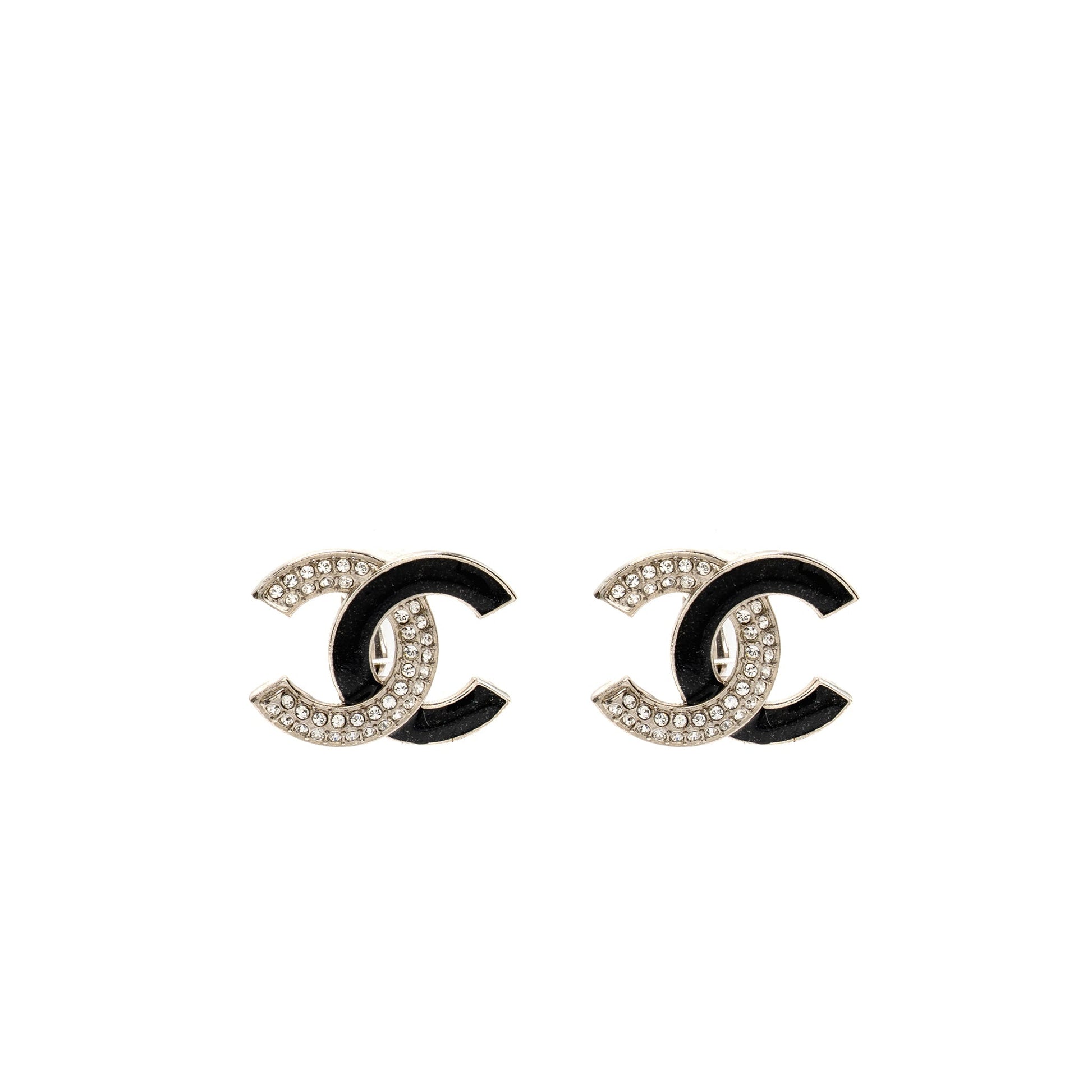 Chanel Crystal Enamel CC Logo Ear Clips Silver Handbag