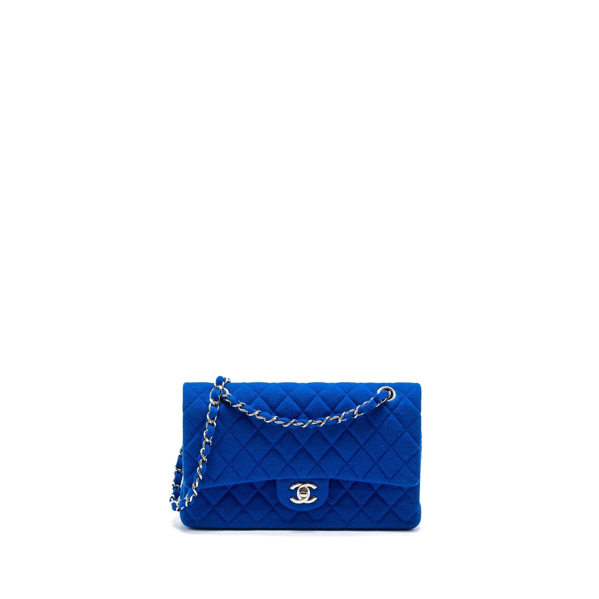 Chanel classic double flap fabric SHW Blue Shoulder Bag