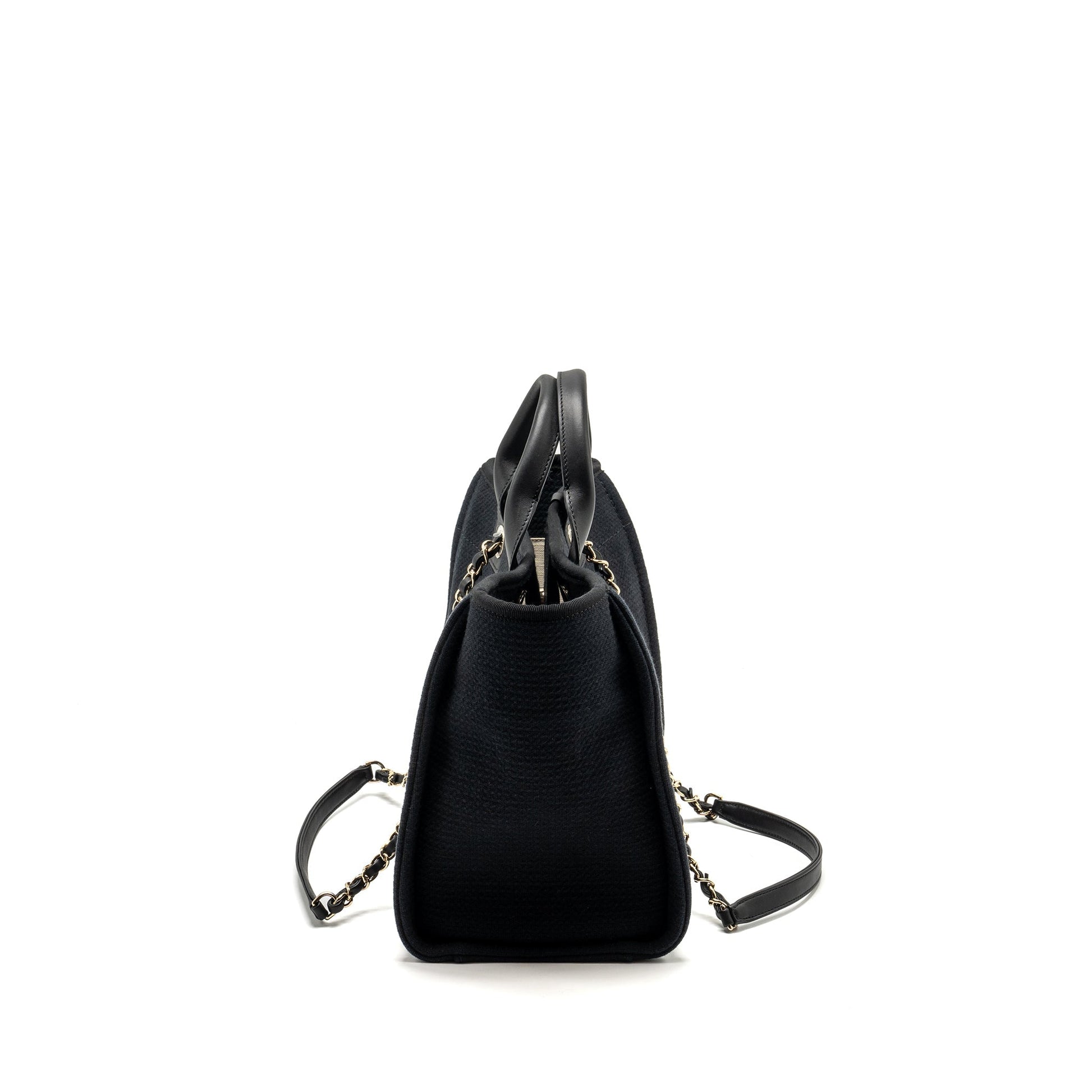 Chanel Deauville Shopping Calfskin Fabric LGHW microchip Black Small Tote Bag