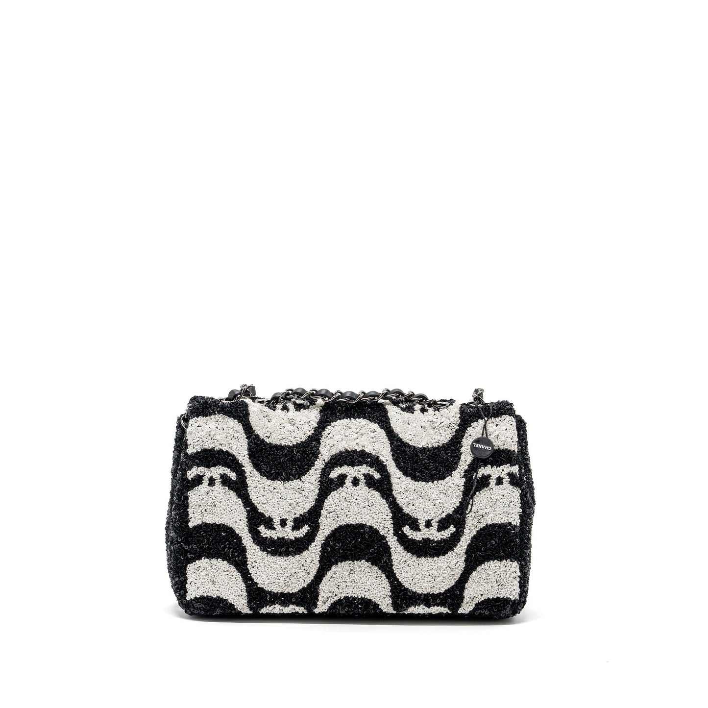 Chanel 21P Limited Edition Flap Sequins Satin Black White Shoulder Bag