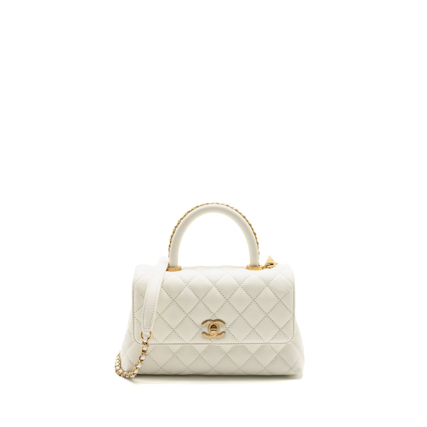 Chanel Detailed Top Handle Coco Handle Caviar White Small Handbag