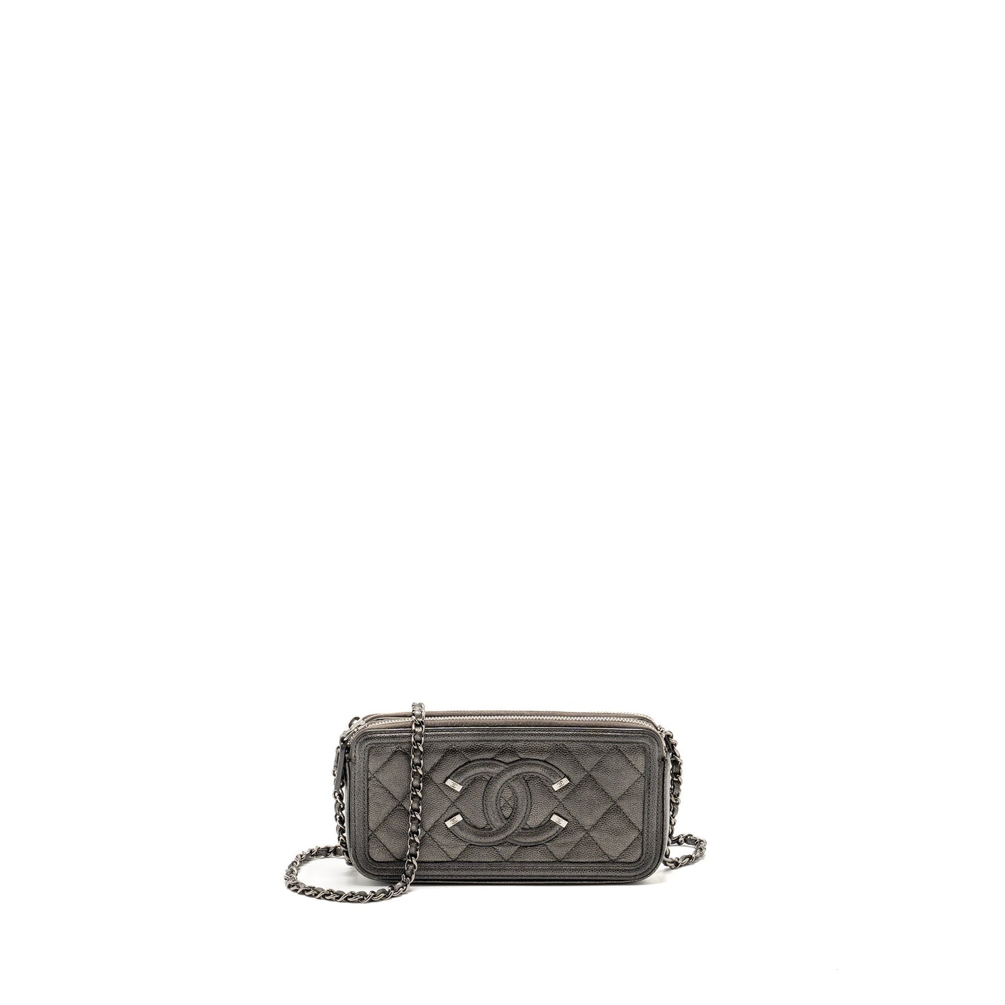 Chanel CC Filigree Double Zip Caviar SHW Grey Small Clutch Bag
