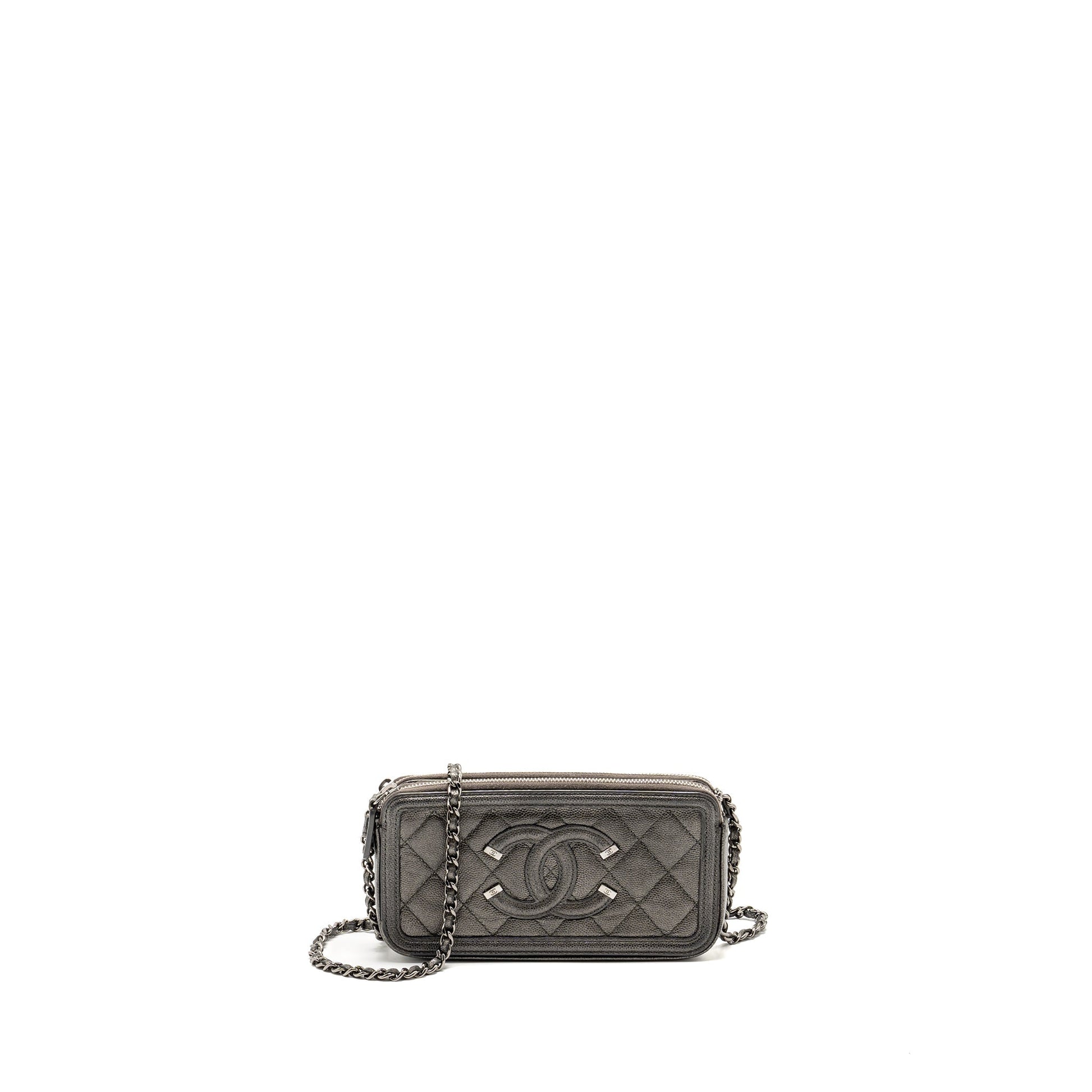 Chanel CC Filigree Double Zip Caviar SHW Grey Small Clutch Bag