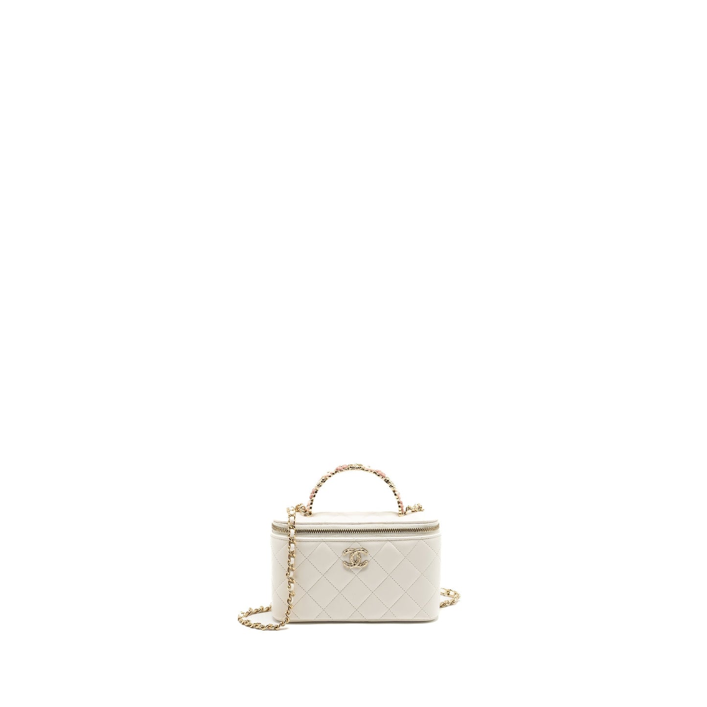 Chanel 23k Camellia Top Handle Long Vanity White Handbag