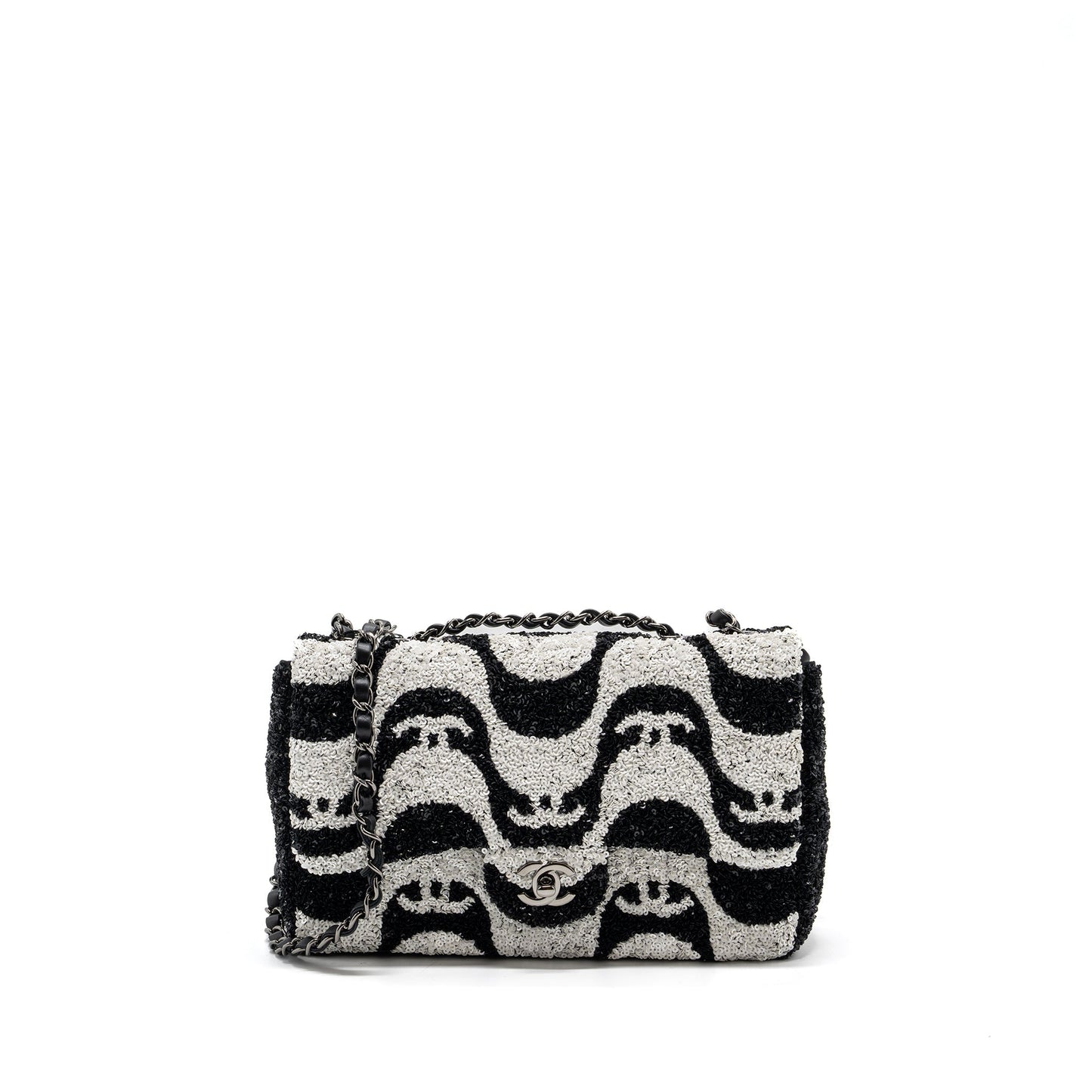 Chanel 21P Limited Edition Flap Sequins Satin Black White Shoulder Bag