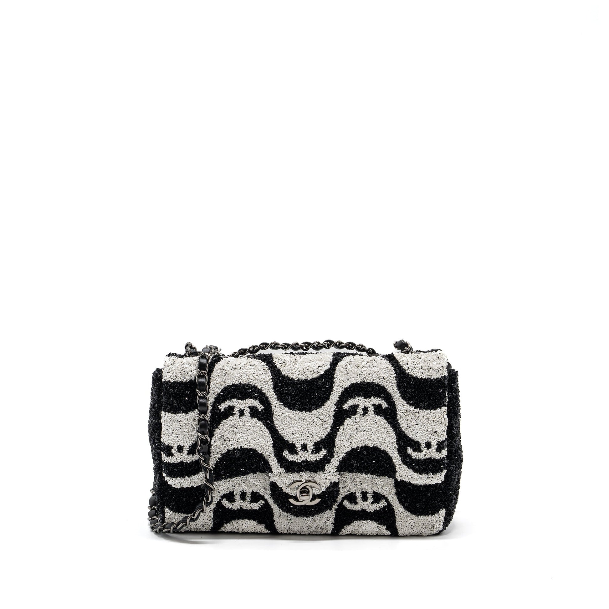 Chanel 21P Limited Edition Flap Sequins Satin Black White Shoulder Bag