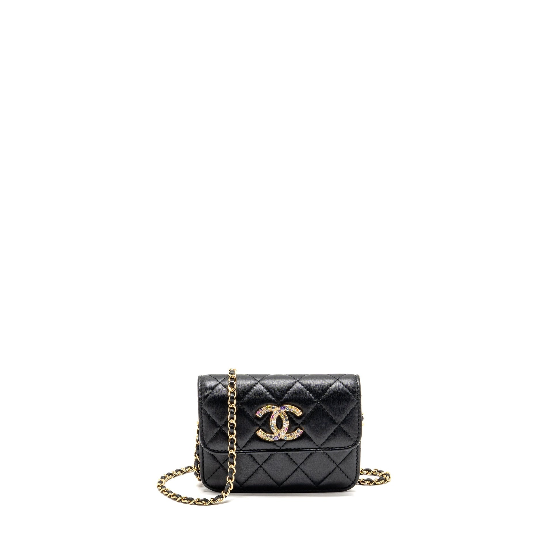 Chanel Zirconium Flap Card Holder Lambskin GHW Black Wallet Case Black Ghw