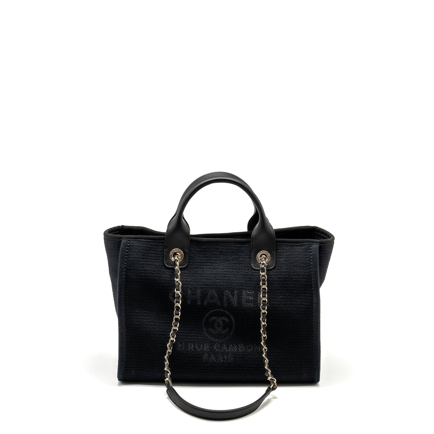 Chanel Deauville Shopping Calfskin Fabric LGHW microchip Black Small Tote Bag