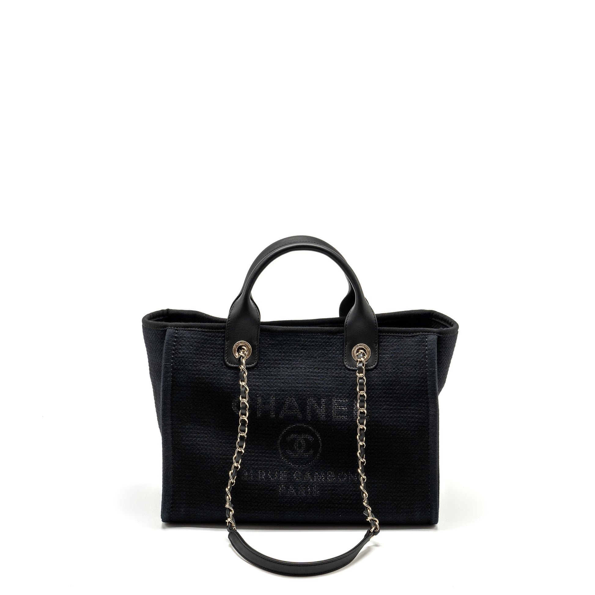 Chanel Deauville Shopping Calfskin Fabric LGHW microchip Black Small Tote Bag
