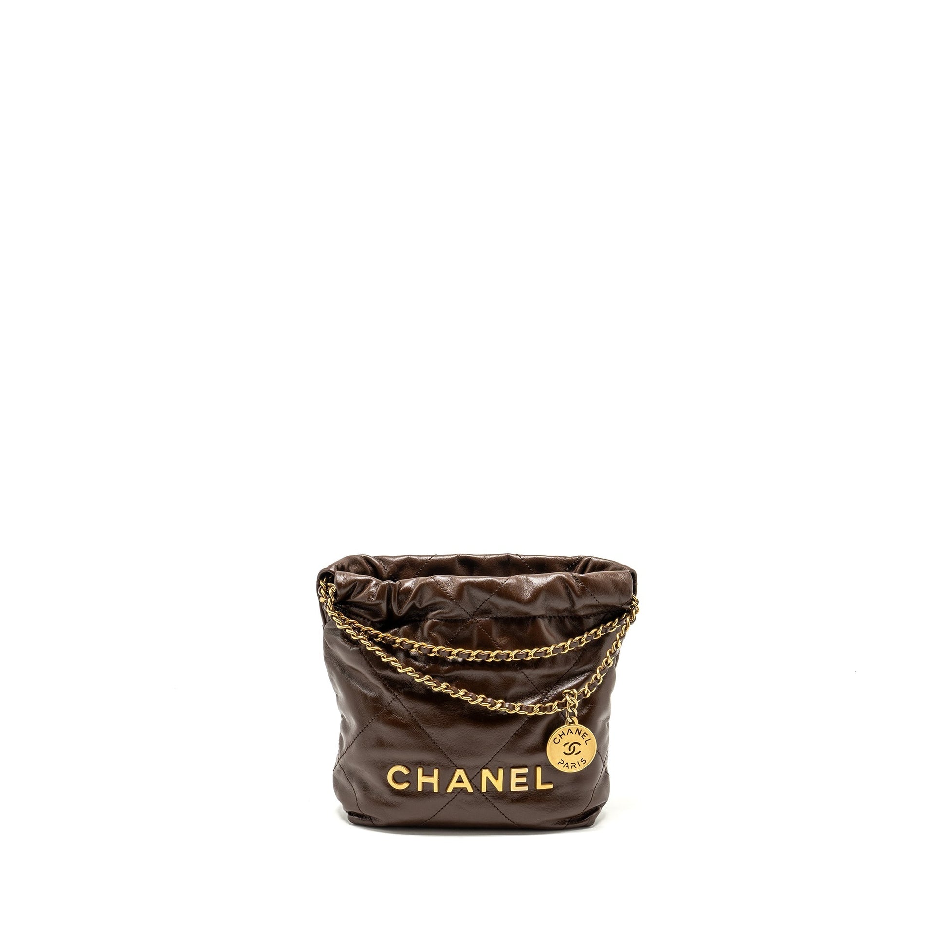 Chanel 22 Shiny Calfskin Chocolate GHW microchip Mini Bag