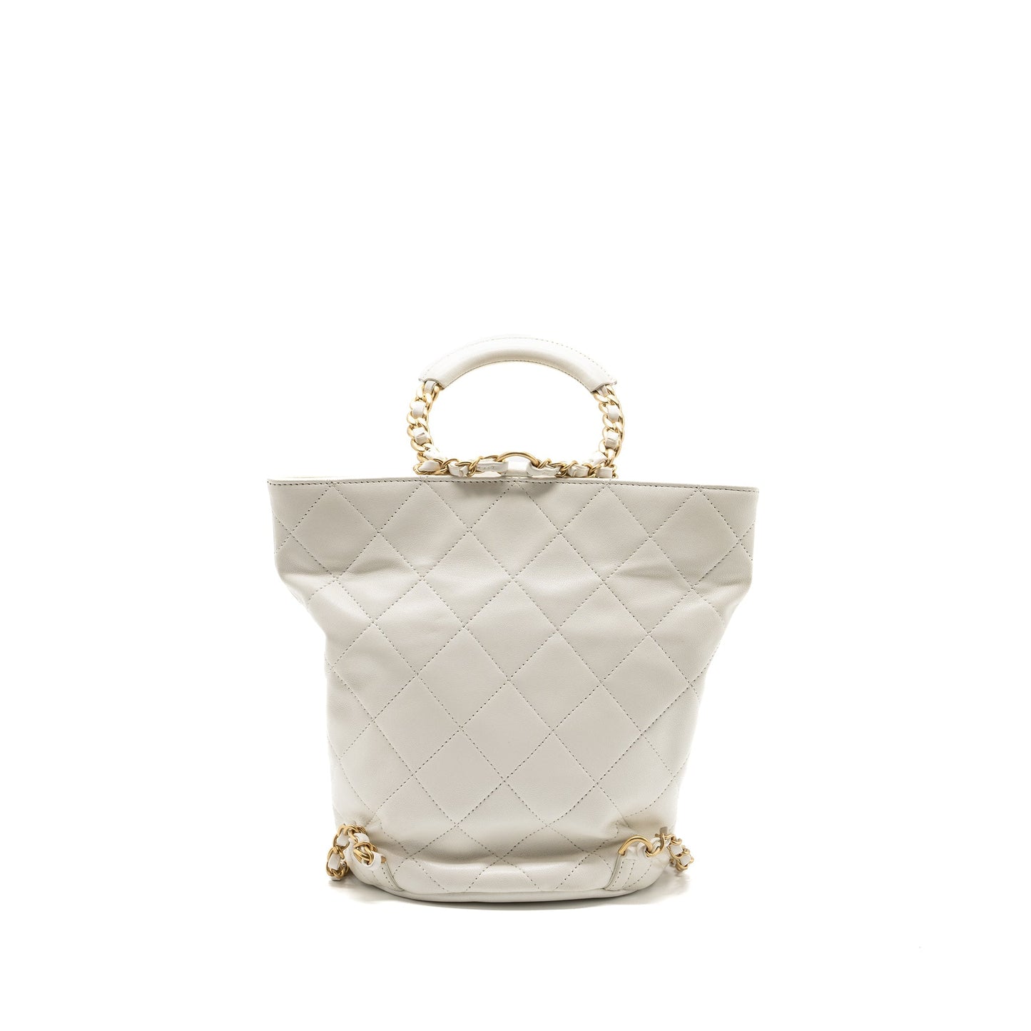 Chanel Round Handle Bucket Backpack Lambskin GHW White Bucket Bag