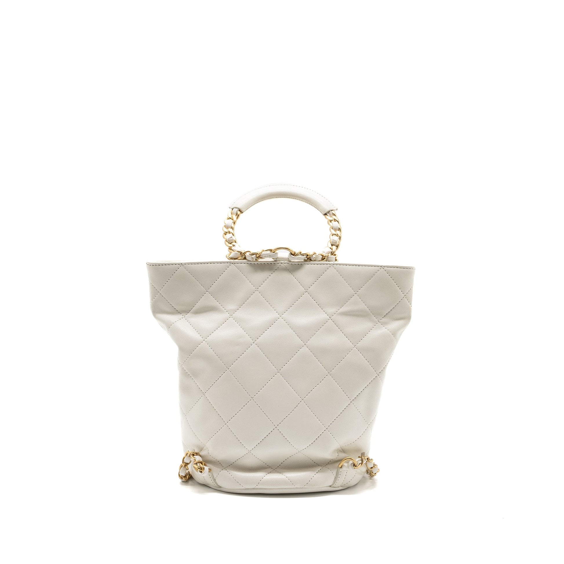 Chanel Round Handle Bucket Backpack Lambskin GHW White Bucket Bag