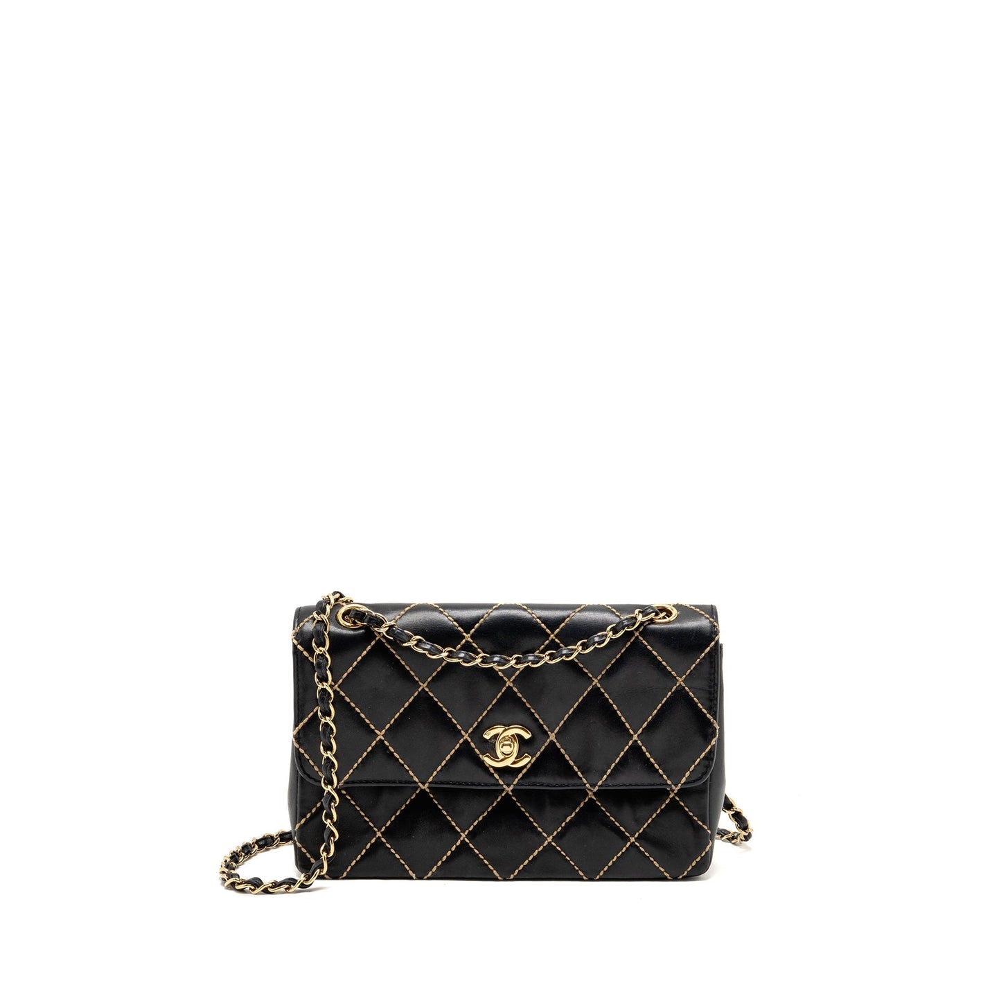 Chanel quilted flap lambskin stitching GHW Black White Shoulder Bag