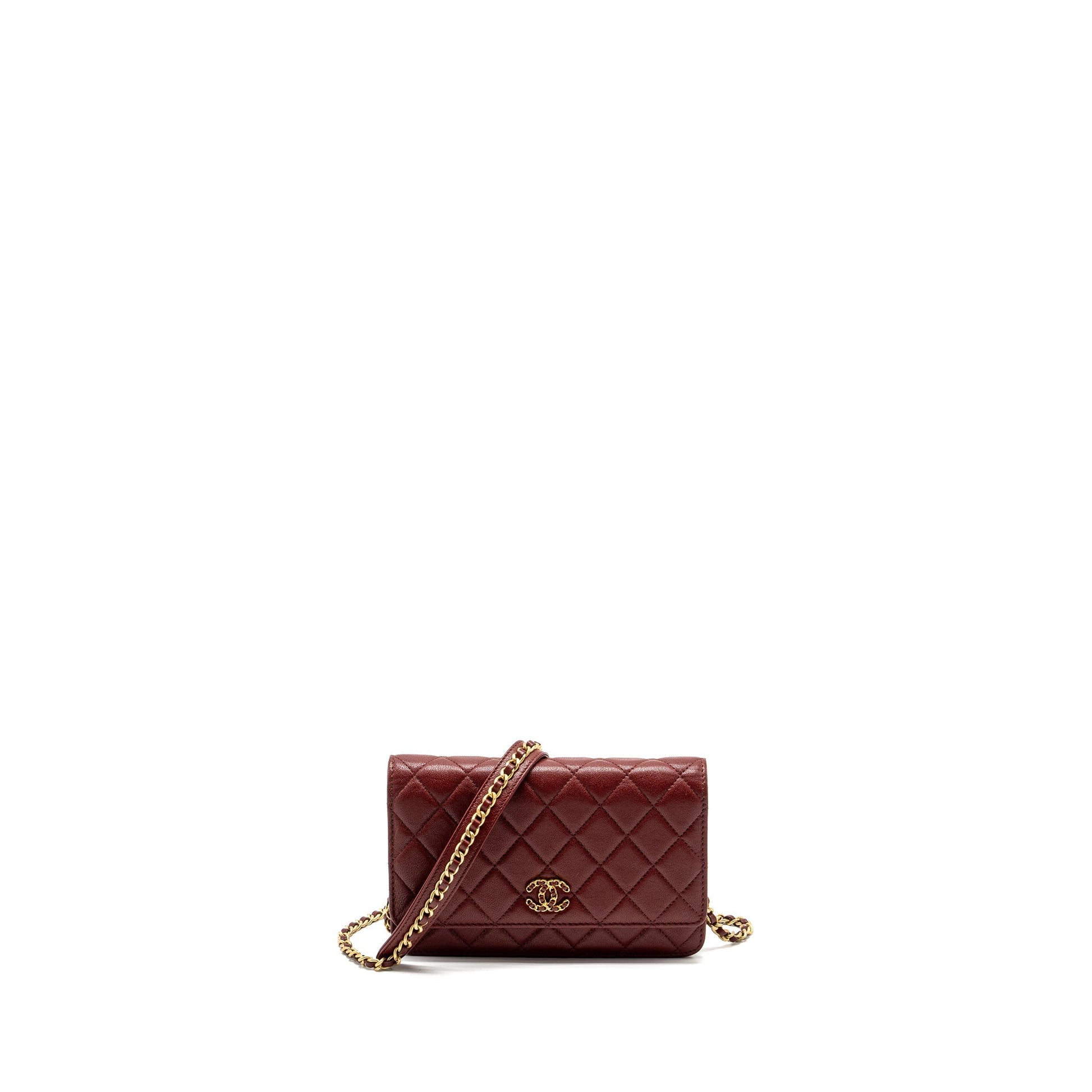 Chanel on Lambskin Burgundy GHW Red Wallet Case