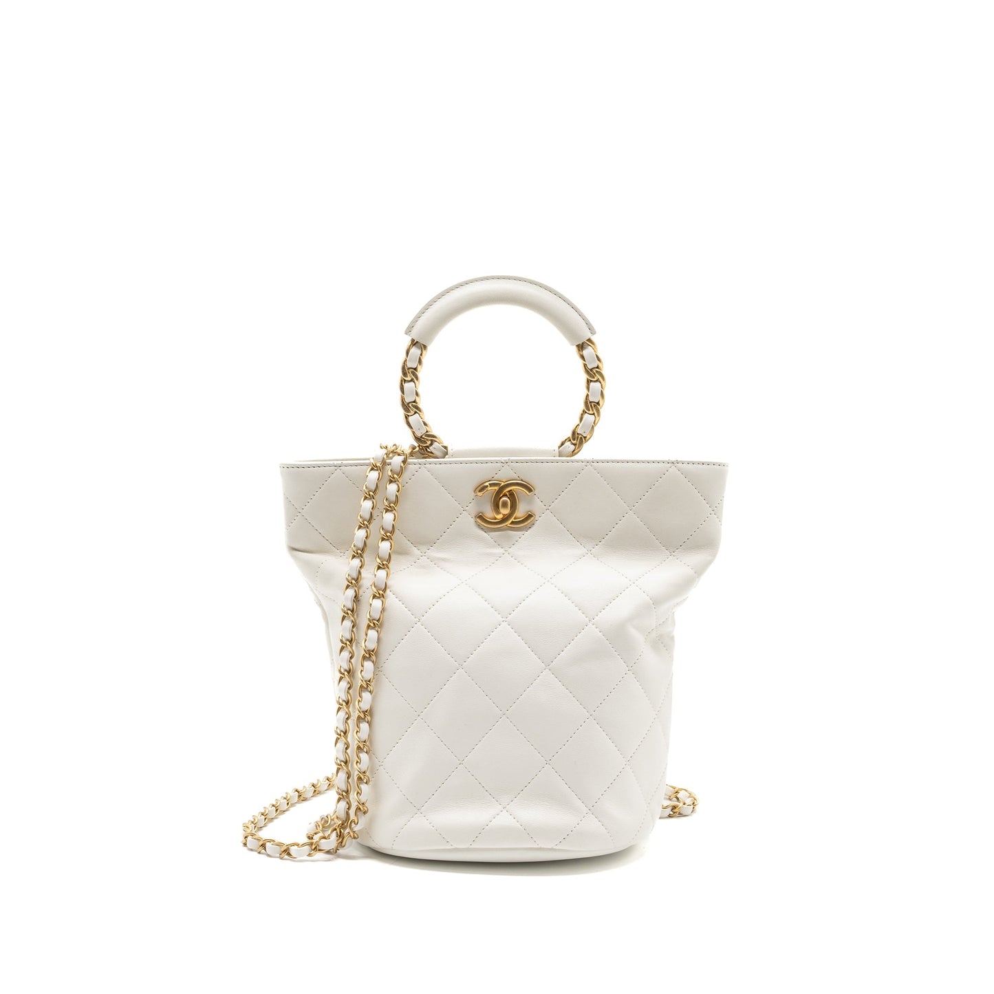 Chanel Round Handle Bucket Backpack Lambskin GHW White Bucket Bag