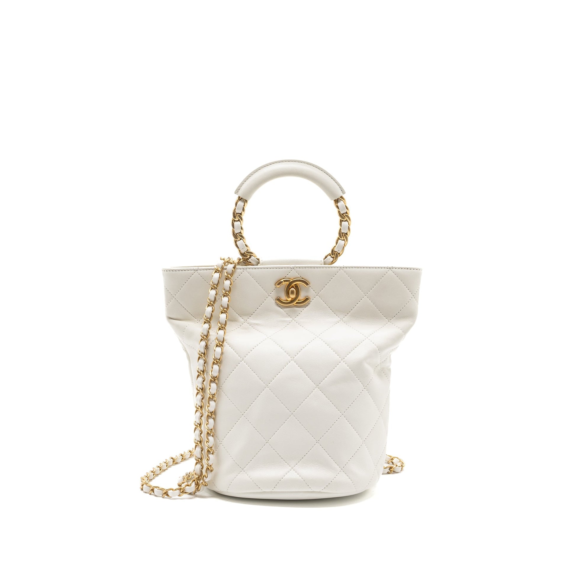 Chanel Round Handle Bucket Backpack Lambskin GHW White Bucket Bag