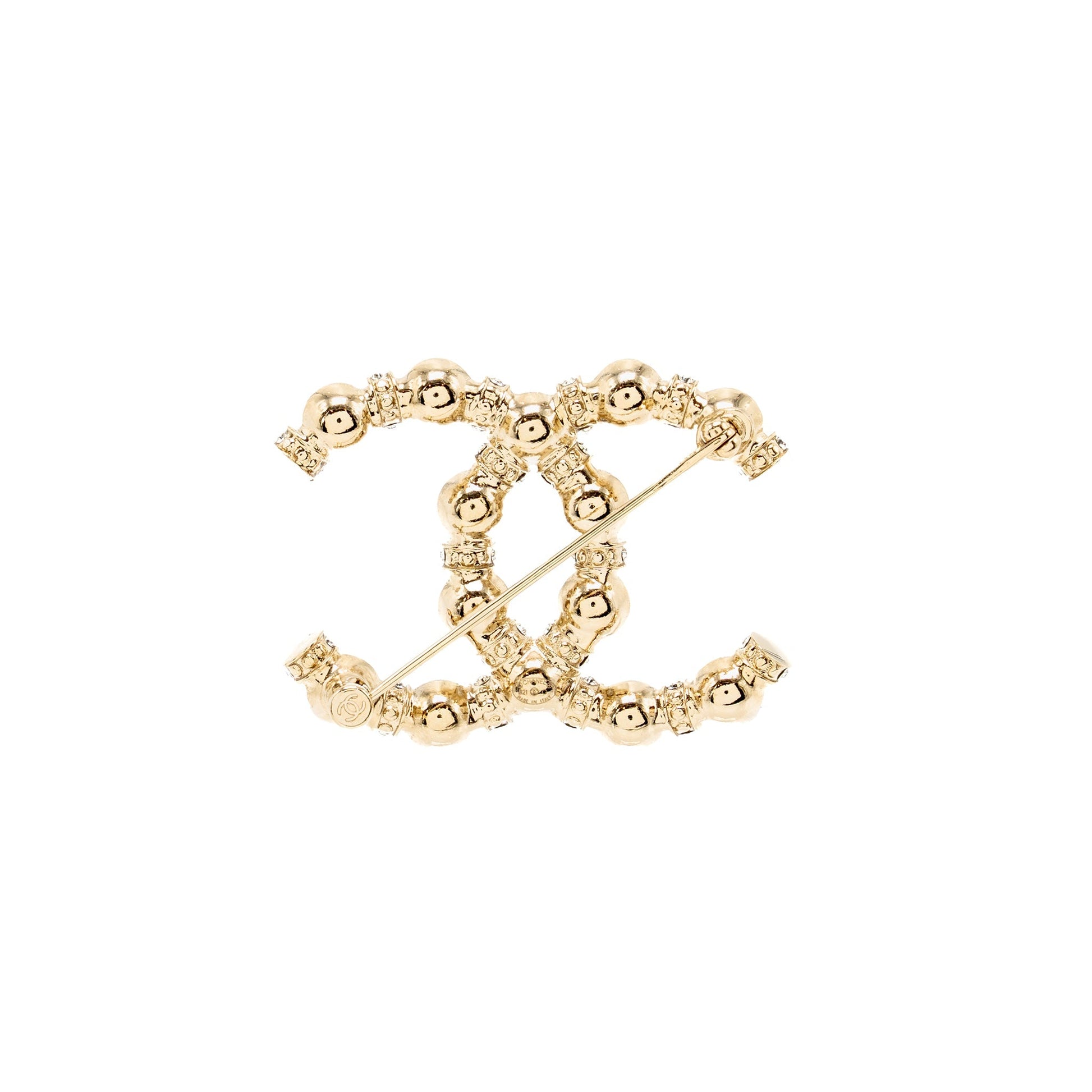 Chanel CC Brooch Pearl Crystal Light Tone Gold Handbag