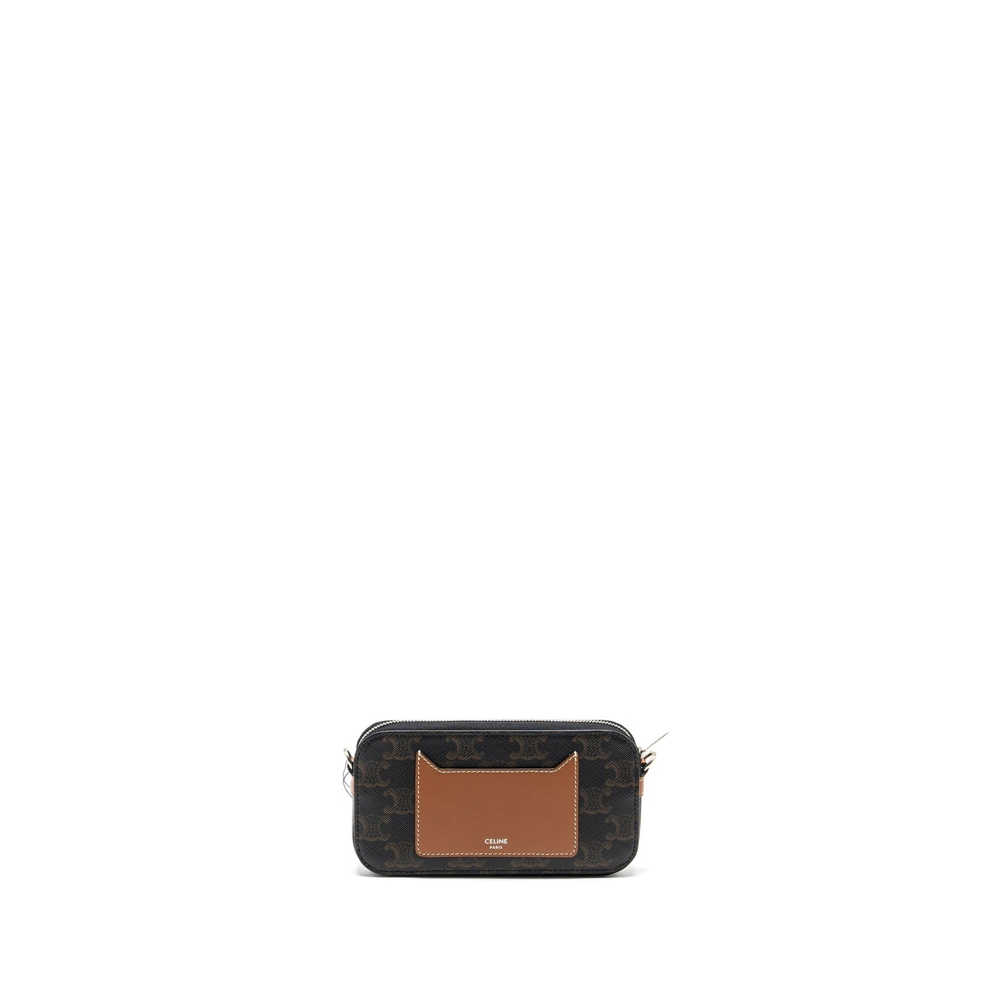 Celine Horizontal Triomphe Logo Print Pouch Coated Tan Leather Canvas Travel Bag