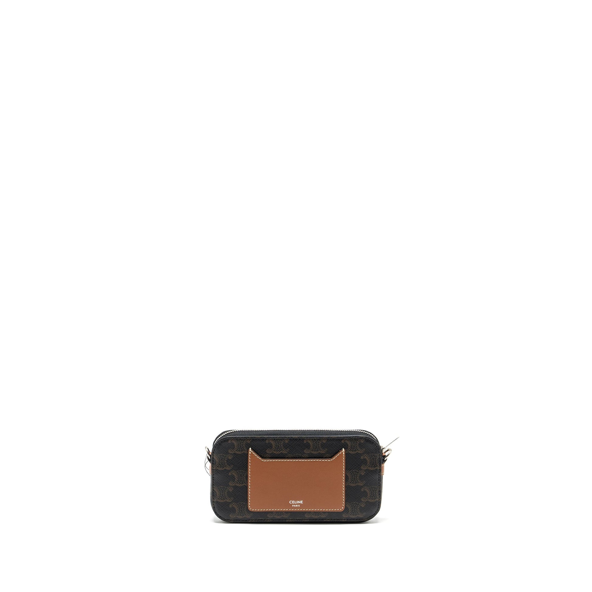 Celine Horizontal Triomphe Logo Print Pouch Coated Tan Leather Canvas Travel Bag
