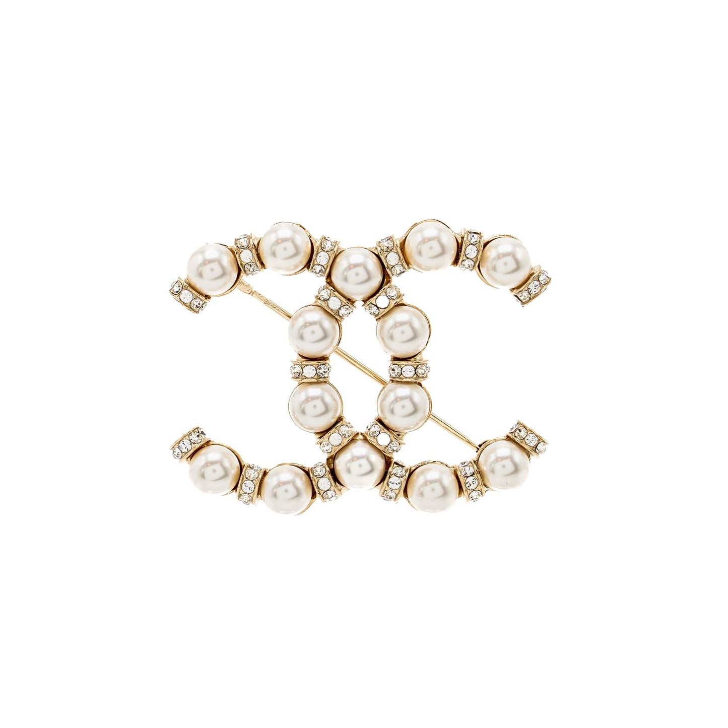 Chanel CC Brooch Pearl Crystal Light Tone Gold Handbag
