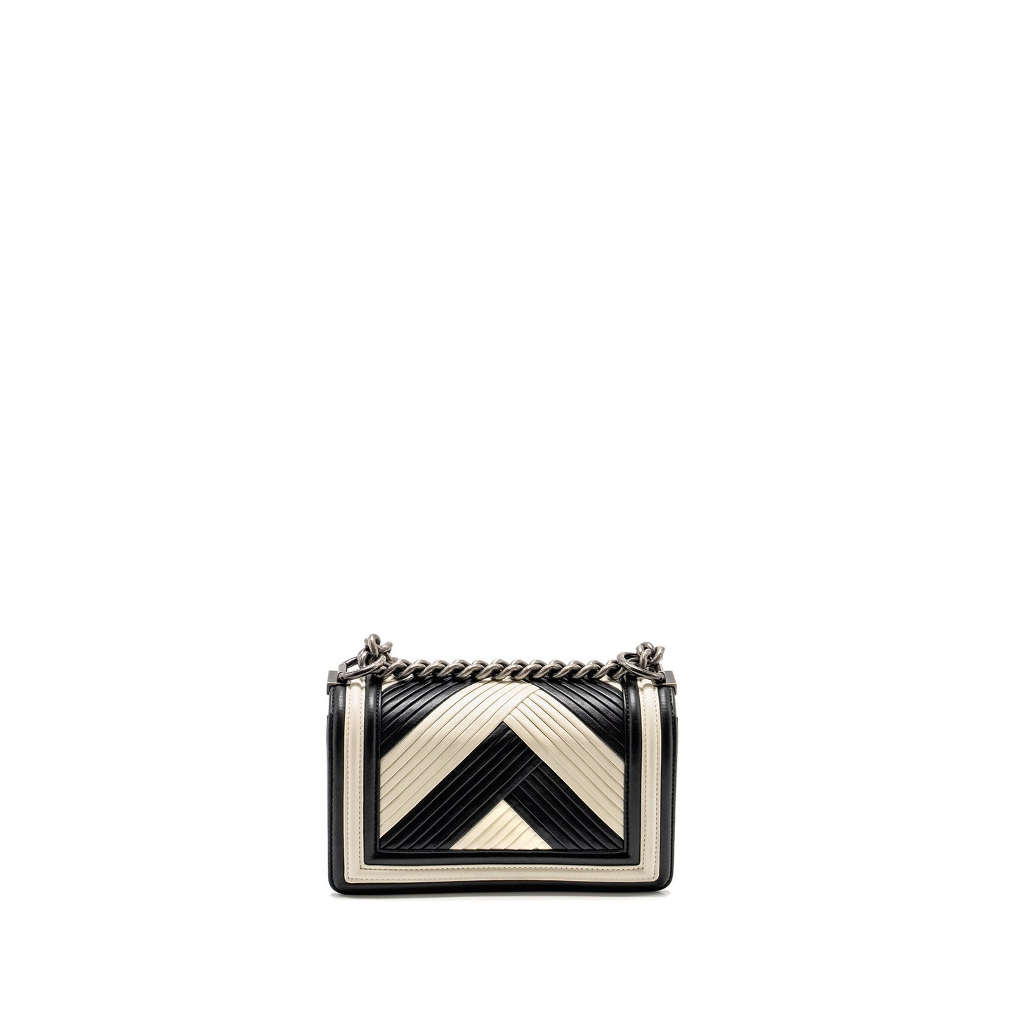 Chanel Boy Chevron Calfskin Ruthenium Hardware Black White Silver Small Handbag