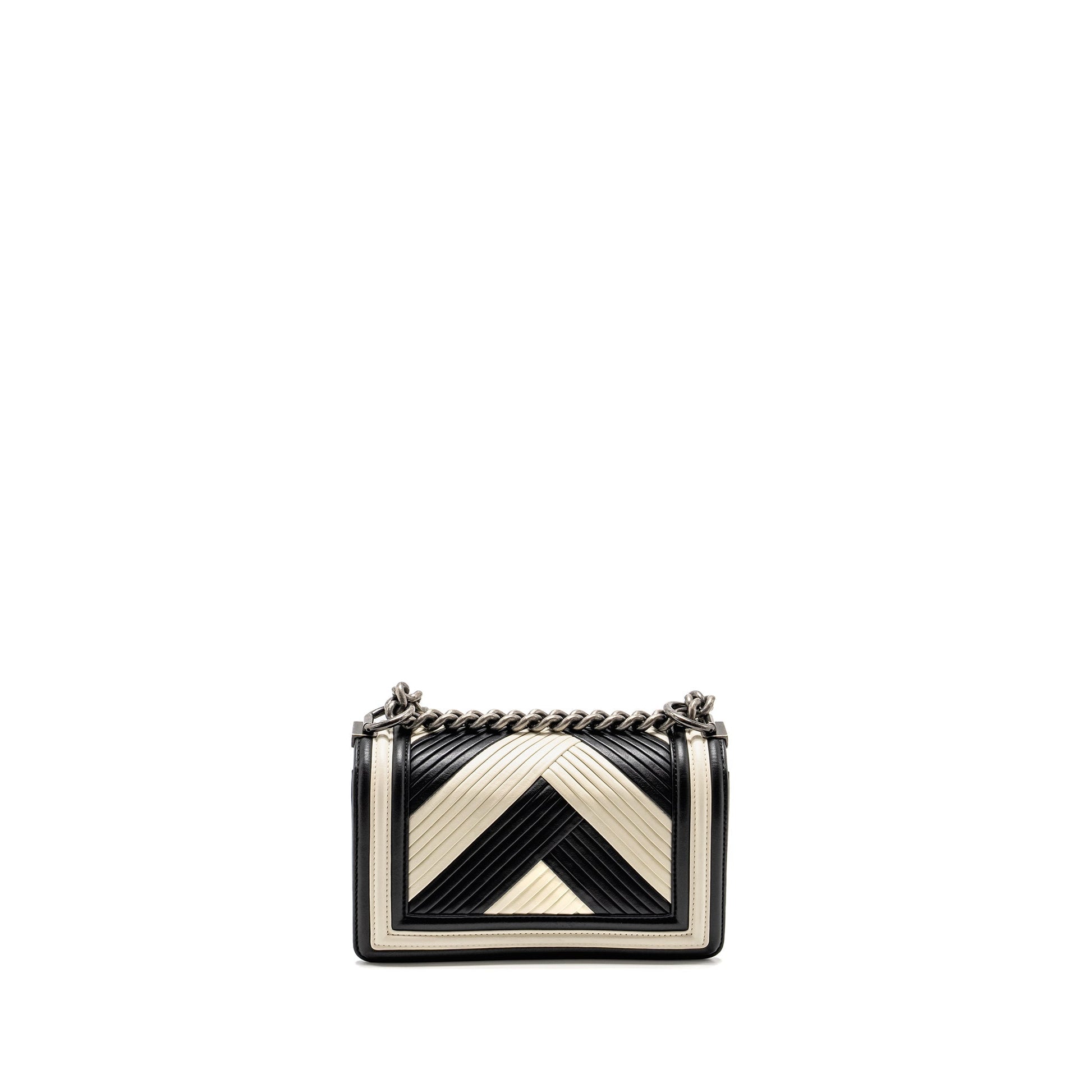 Chanel Boy Chevron Calfskin Ruthenium Hardware Black White Silver Small Handbag