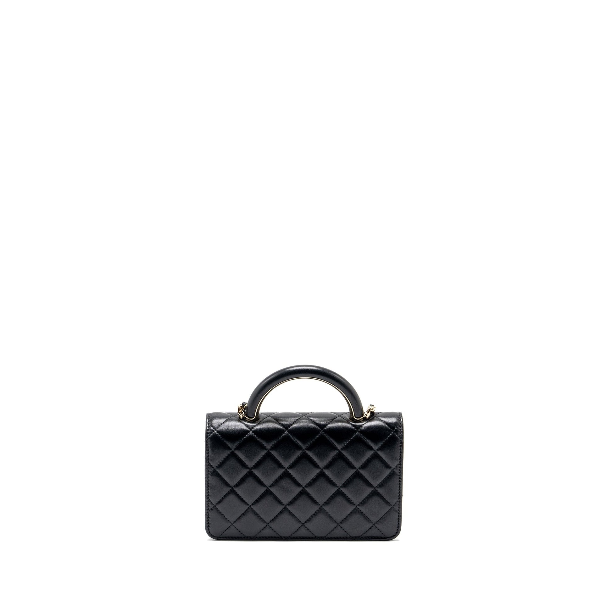 Chanel top handle on lambskin LGHW microchip Black Leather Wallet Case