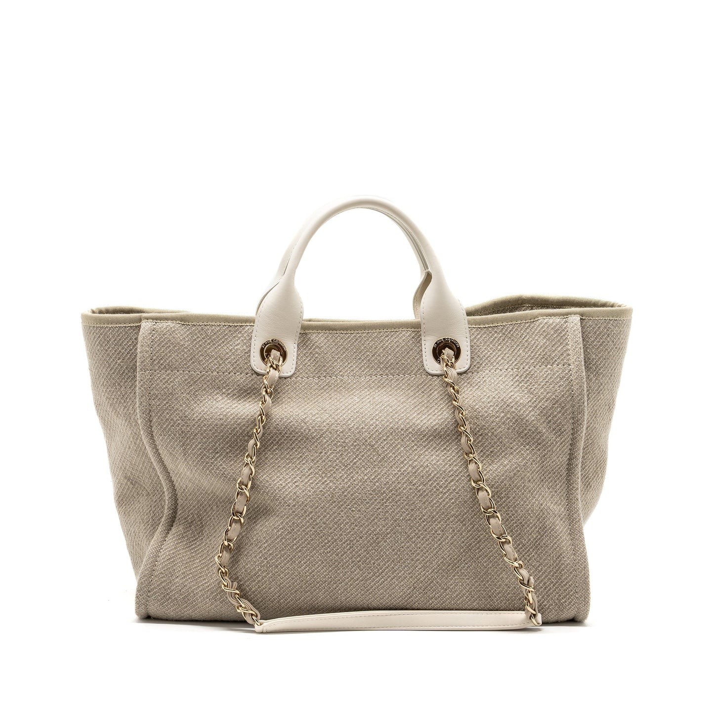 Chanel Deauville GHW microchip White Beige Canvas Leather Handbag