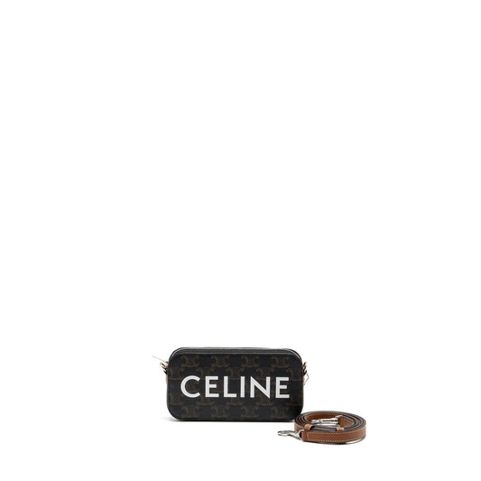 Celine Horizontal Triomphe Logo Print Pouch Coated Tan Leather Canvas Travel Bag