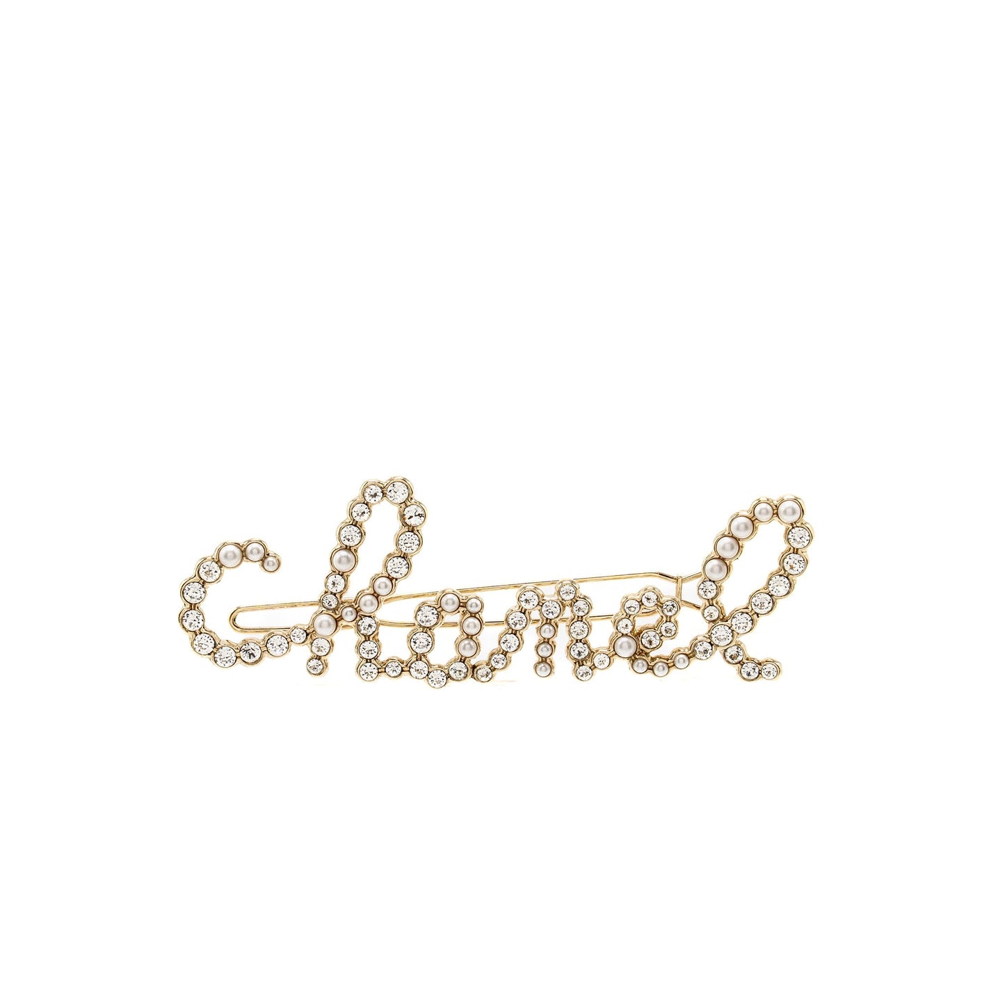 Chanel Letter Hair Clip Crystal Pearl Light Gold Handbag Gold Tone