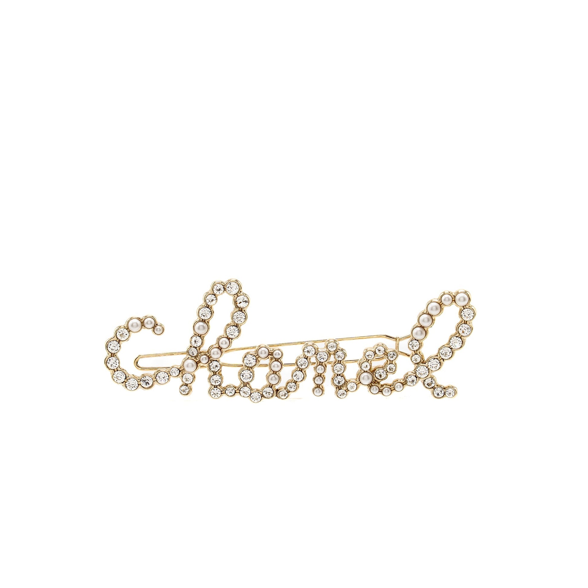 Chanel Letter Hair Clip Crystal Pearl Light Gold Handbag Gold Tone