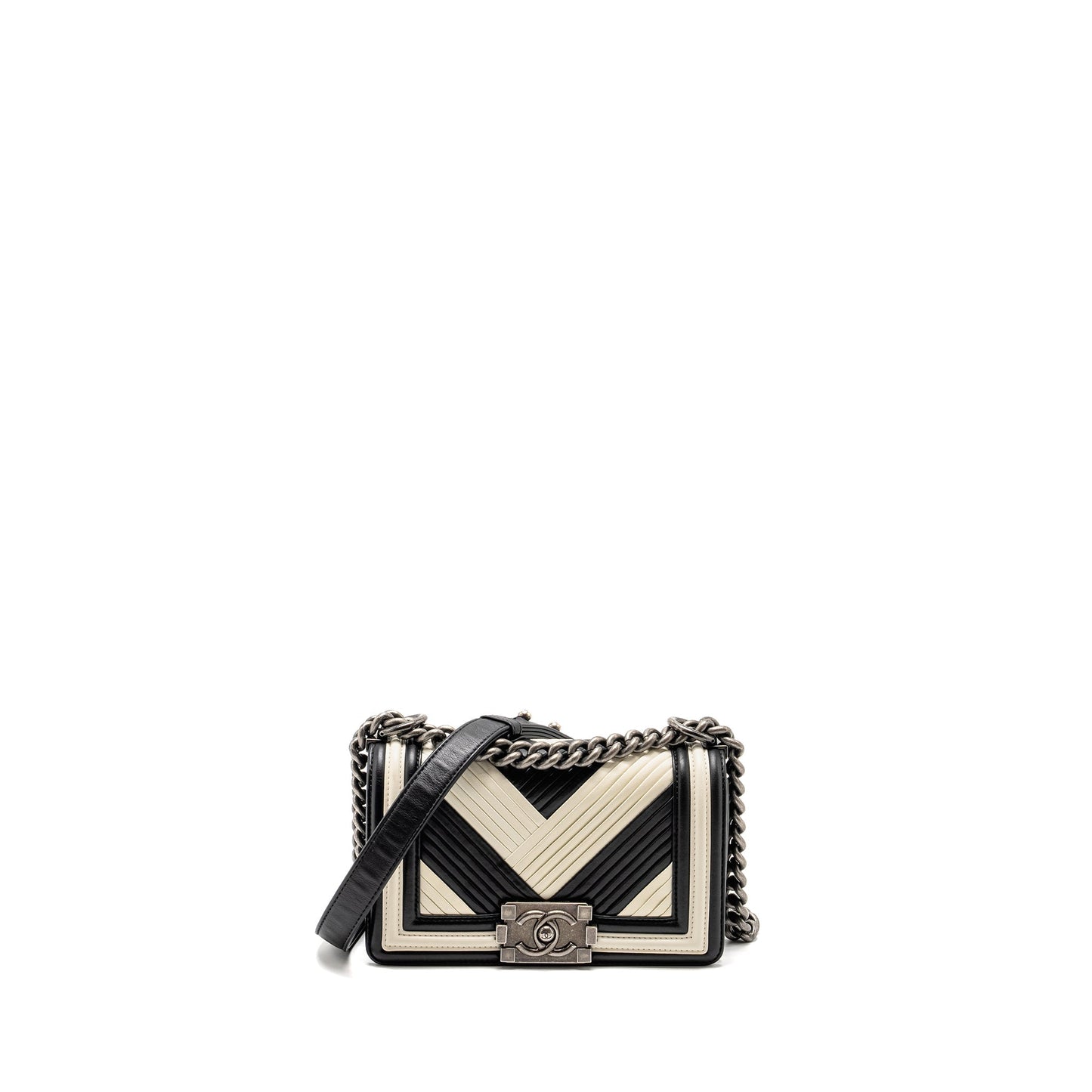 Chanel Boy Chevron Calfskin Ruthenium Hardware Black White Silver Small Handbag