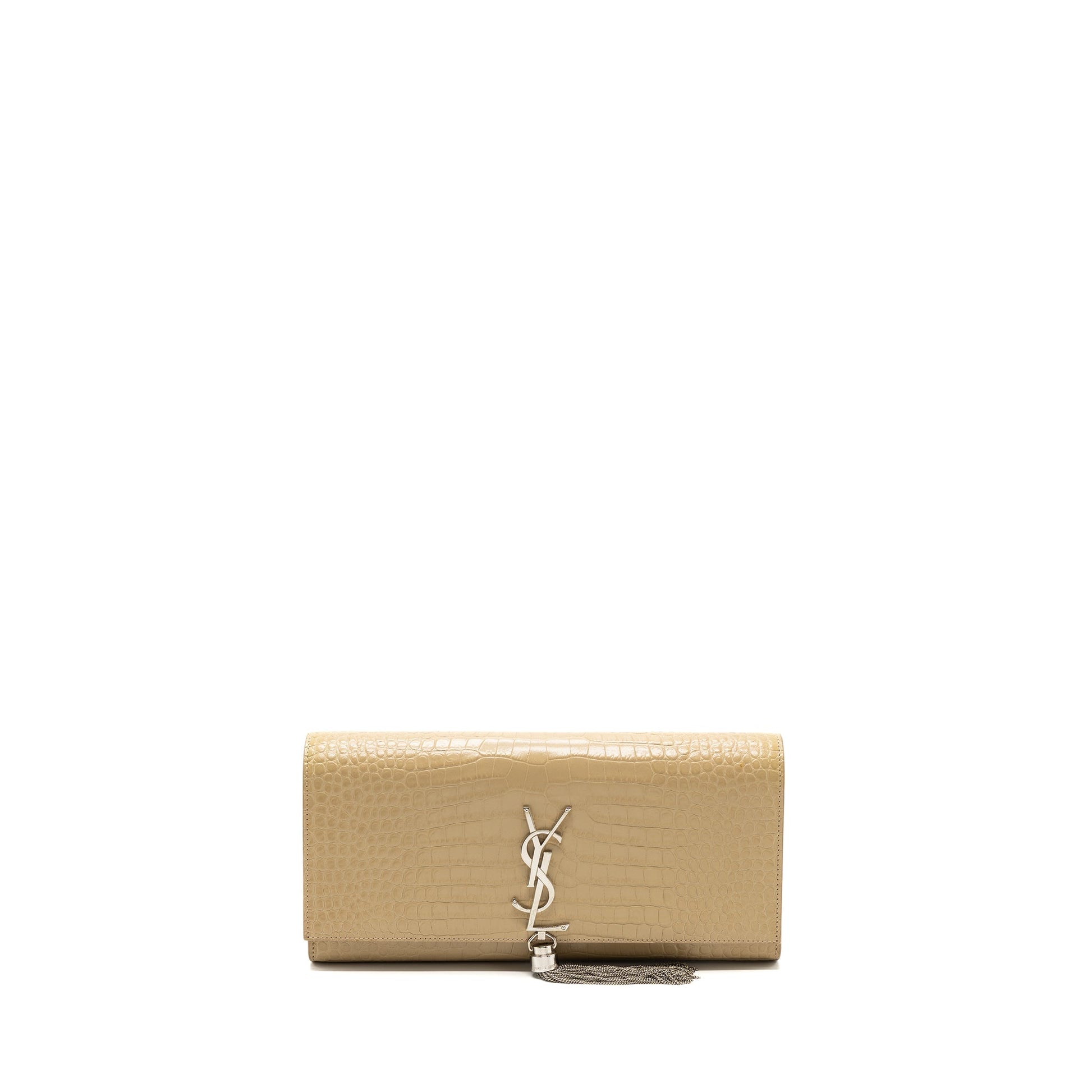 YSL Saint Laurent Saint Laurent Kate Clutch Crocodile Embossed Leather Beige Clutch Bag