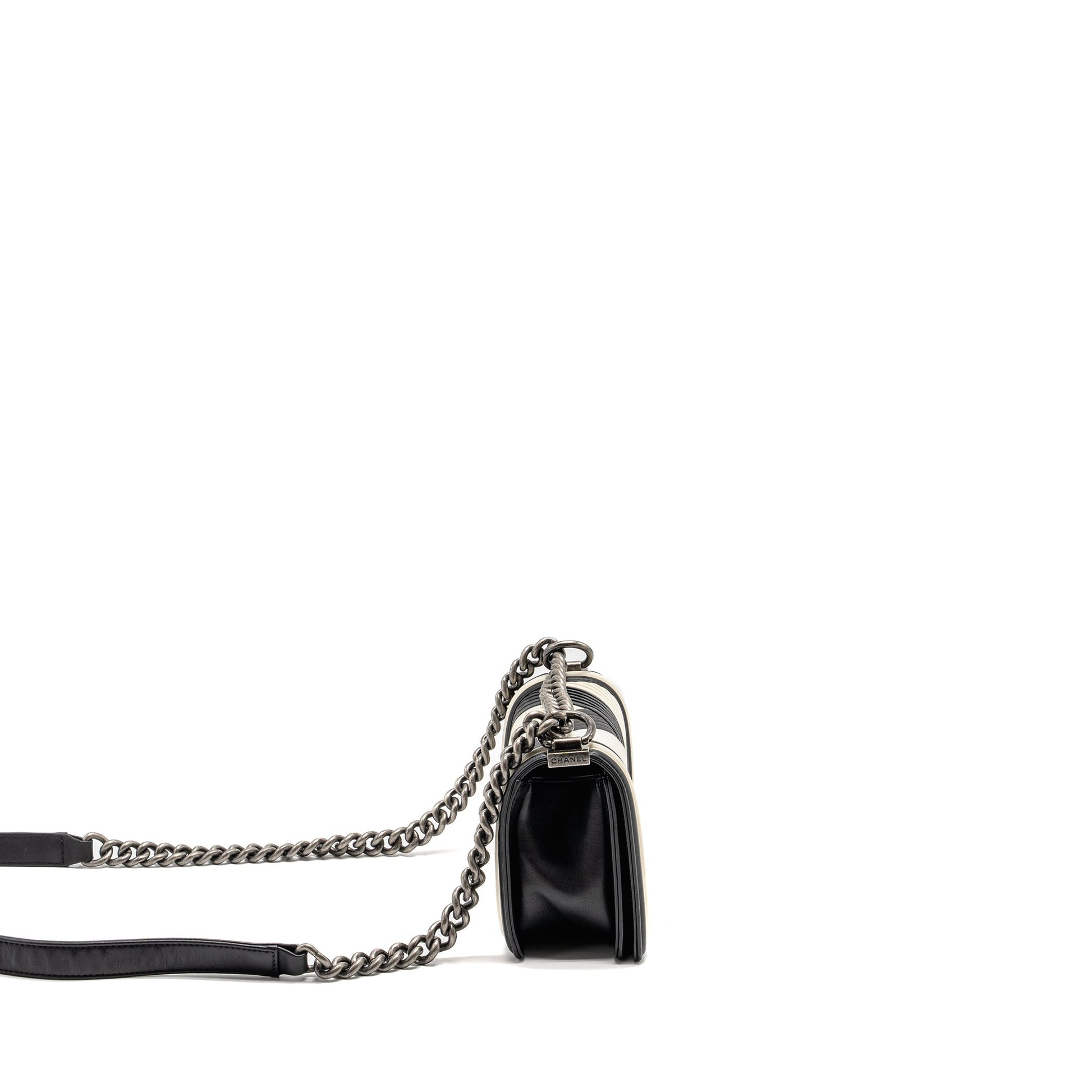 Chanel Boy Chevron Calfskin Ruthenium Hardware Black White Silver Small Handbag