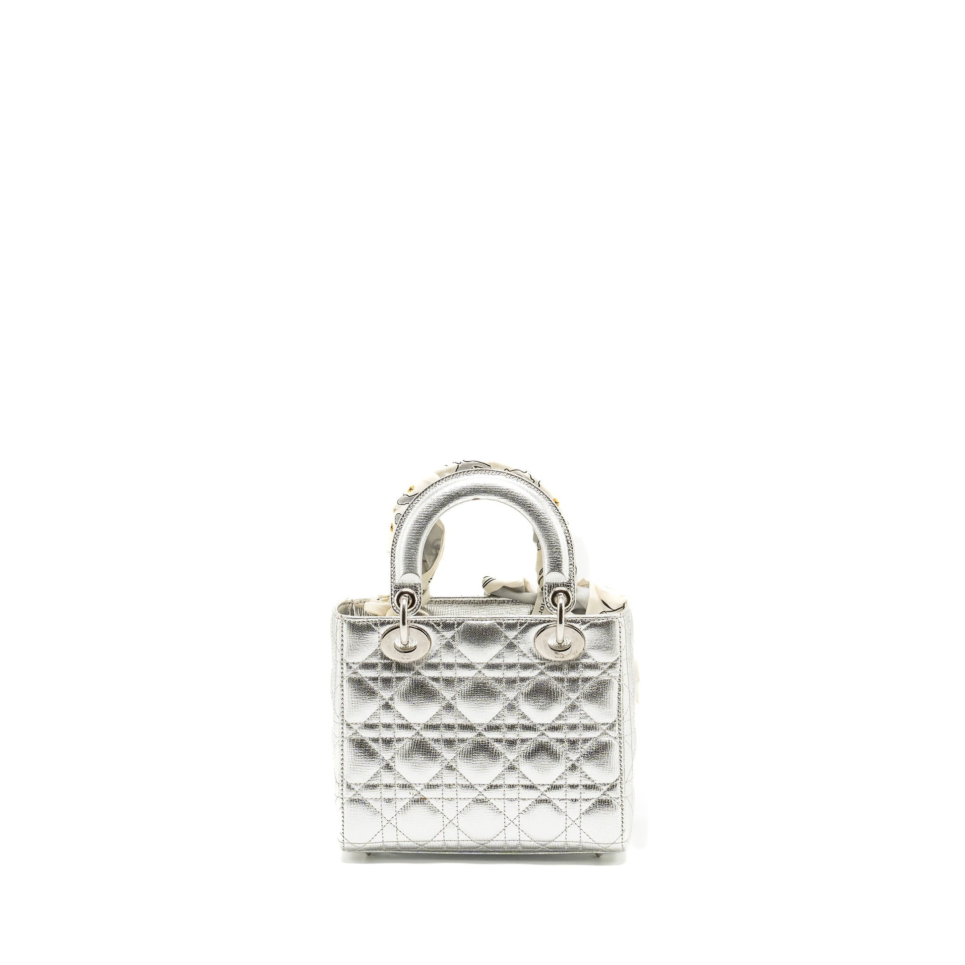 Dior My Lady Cannage Calfskin Metallic Handbag Silver Small Travel Bag