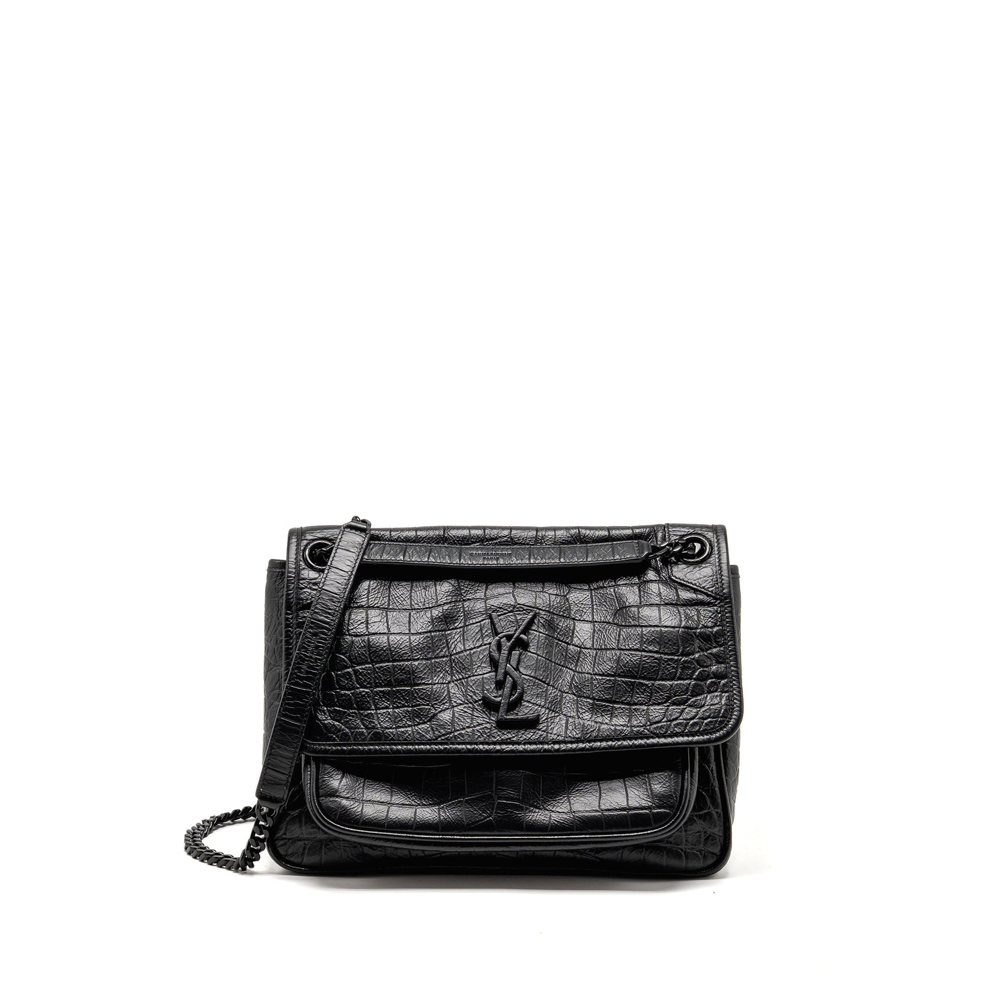 YSL Saint Laurent Niki Purse Crocodile Embossed Calfskin Hardware Travel Black Medium Travel Bag