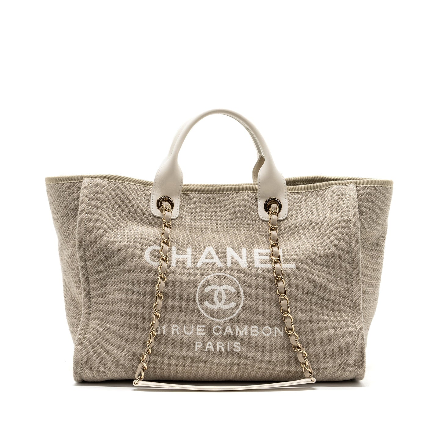 Chanel Deauville GHW microchip White Beige Canvas Leather Handbag