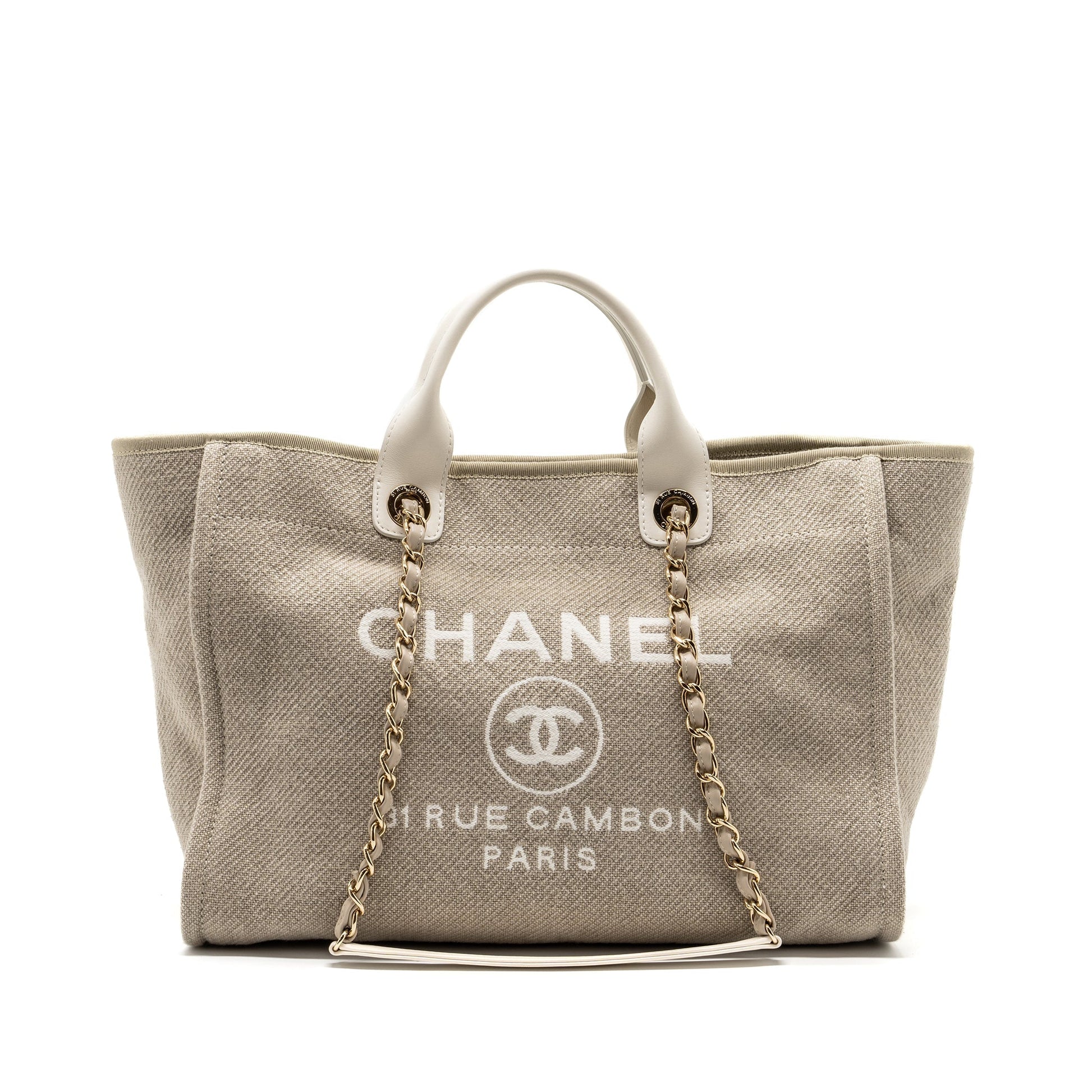 Chanel Deauville GHW microchip White Beige Canvas Leather Handbag
