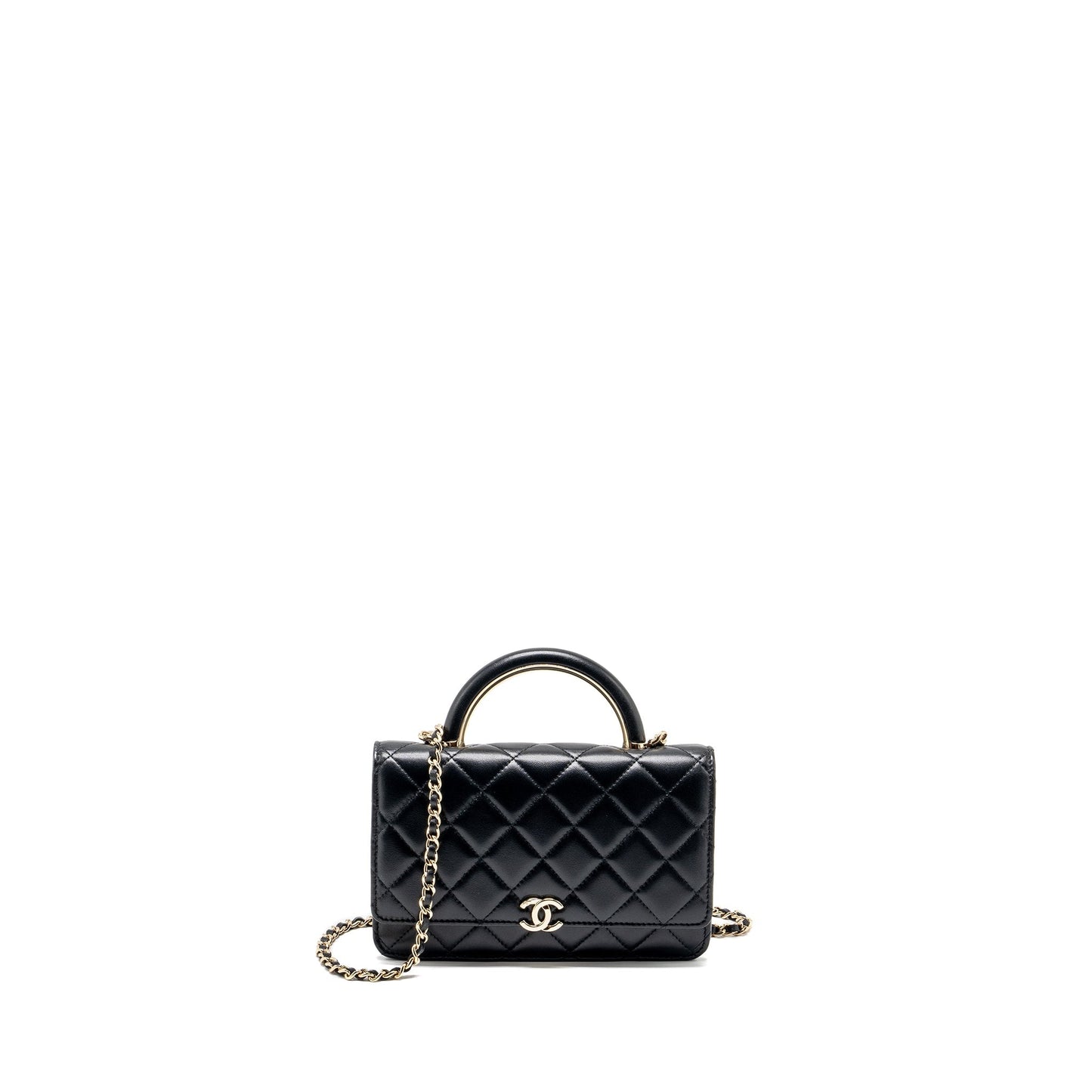 Chanel top handle on lambskin LGHW microchip Black Leather Wallet Case