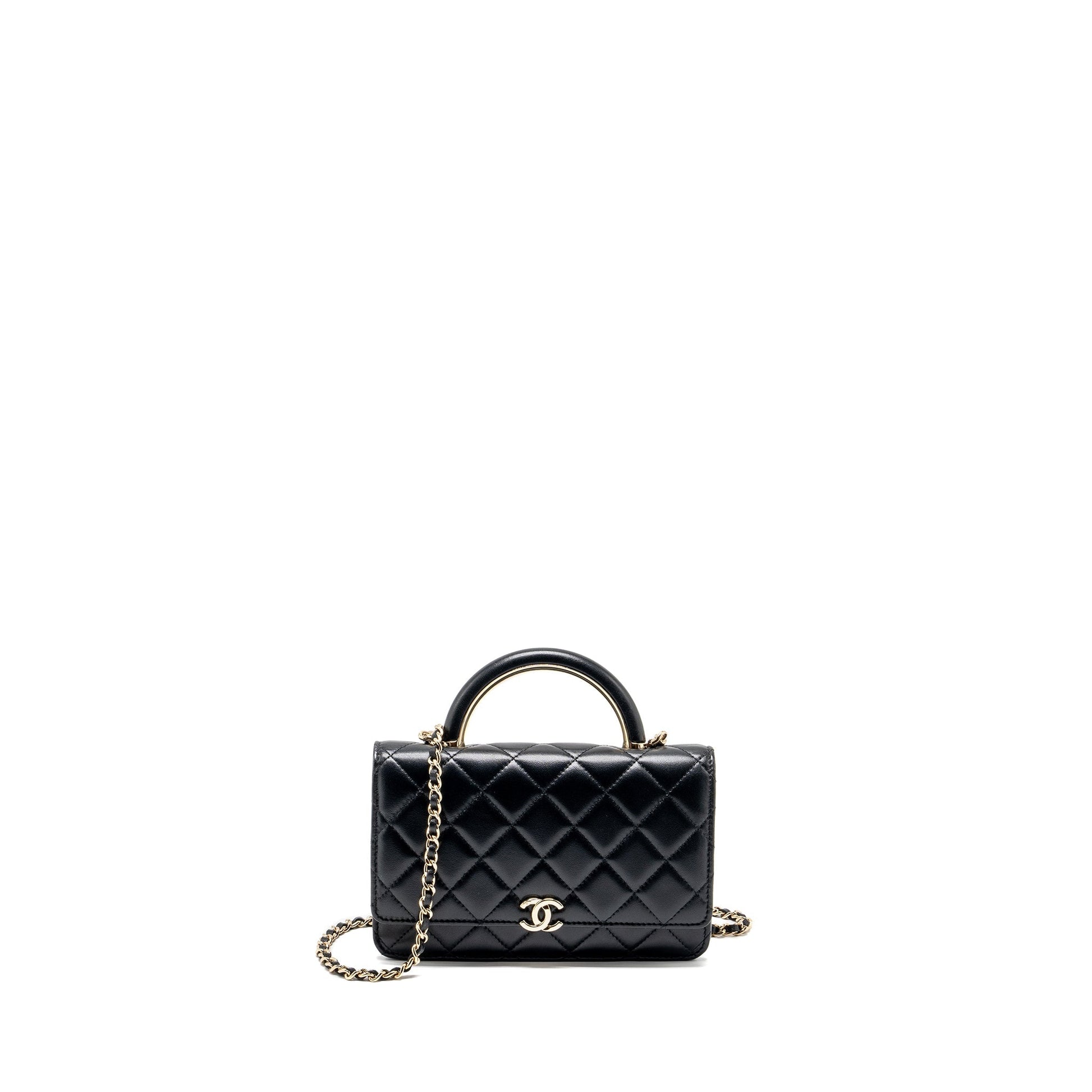 Chanel top handle on lambskin LGHW microchip Black Leather Wallet Case
