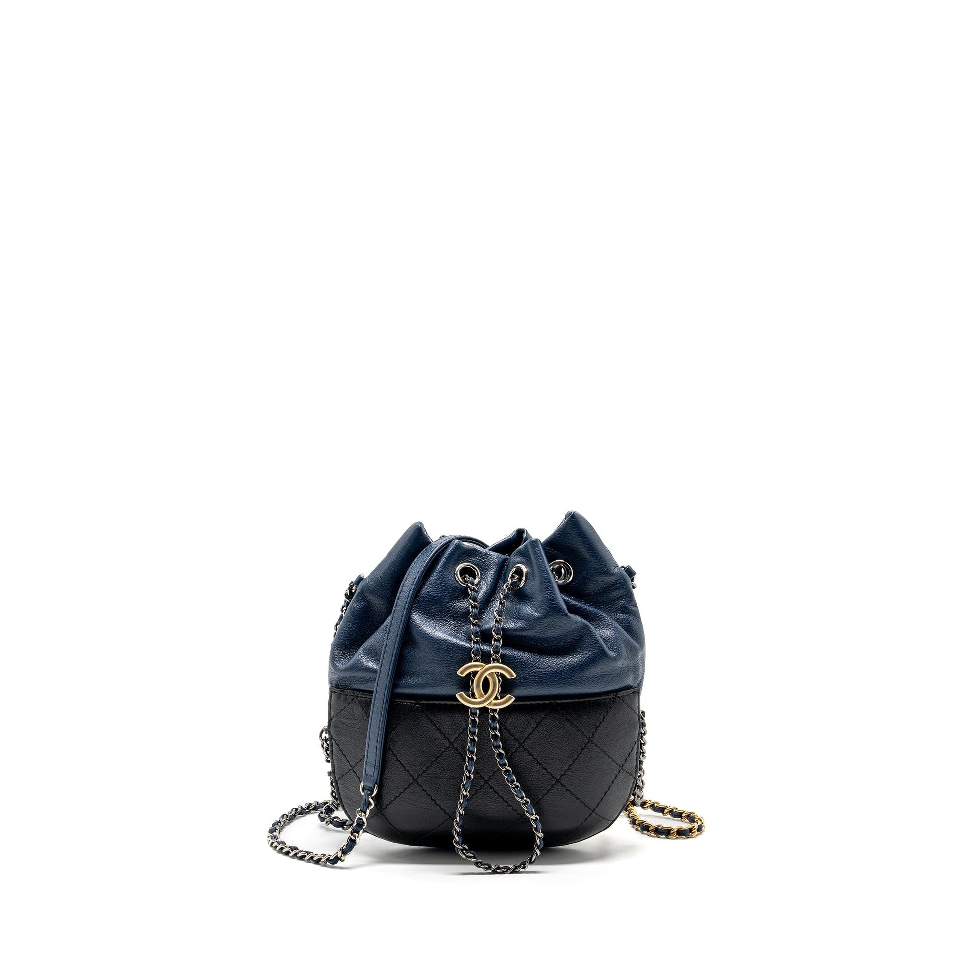 Chanel Bucket Calfskin Navy Hardware Multicolour Black Small Bucket Bag