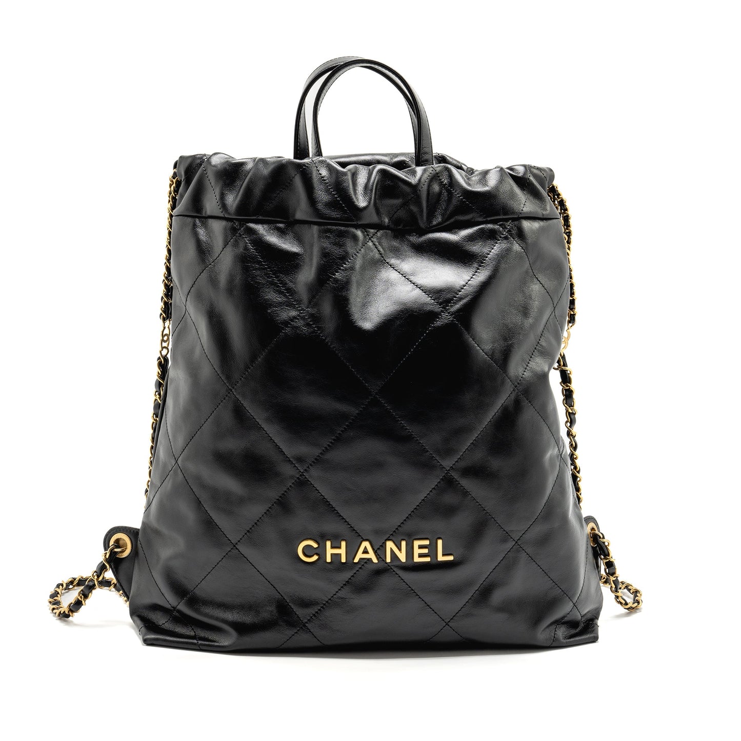 Chanel 22 Backpack Letter Logo Shiny Calfskin Black Gold