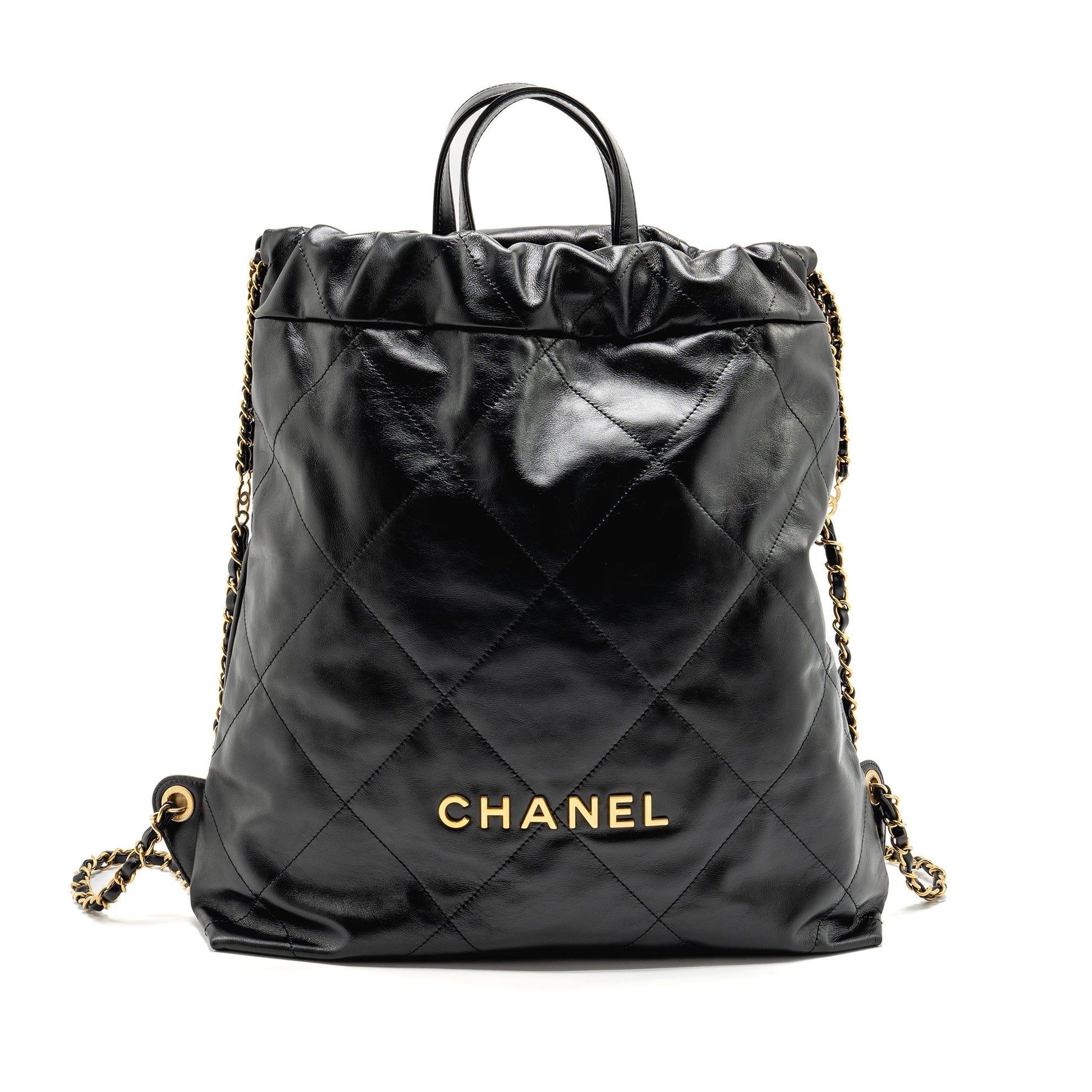 Chanel 22 Backpack Letter Logo Shiny Calfskin Black Gold