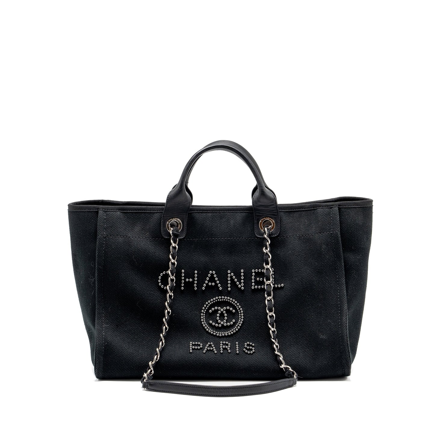 Chanel Deauville -Studded SHW Black Canvas Leather Tote Bag
