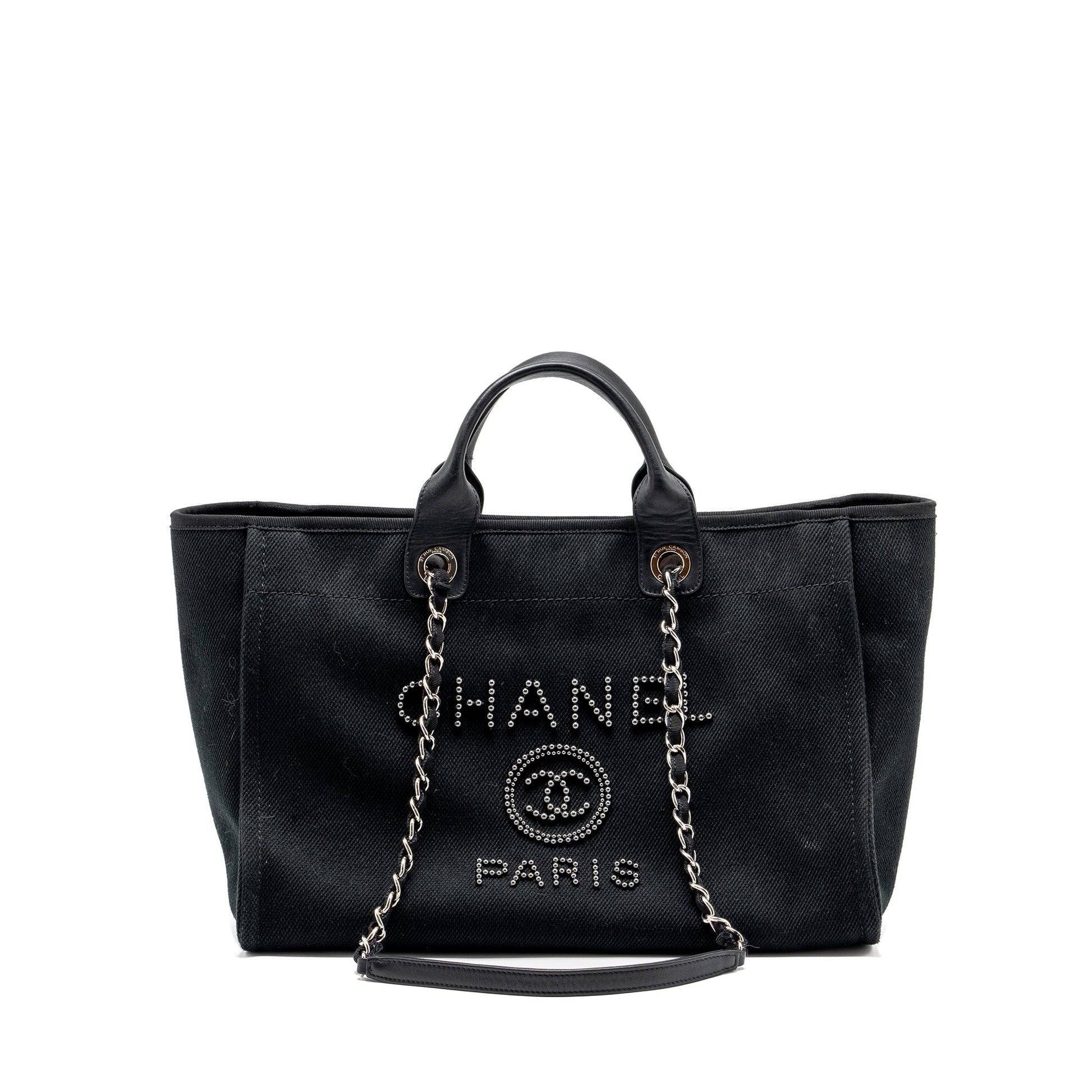 Chanel Deauville -Studded SHW Black Canvas Leather Tote Bag