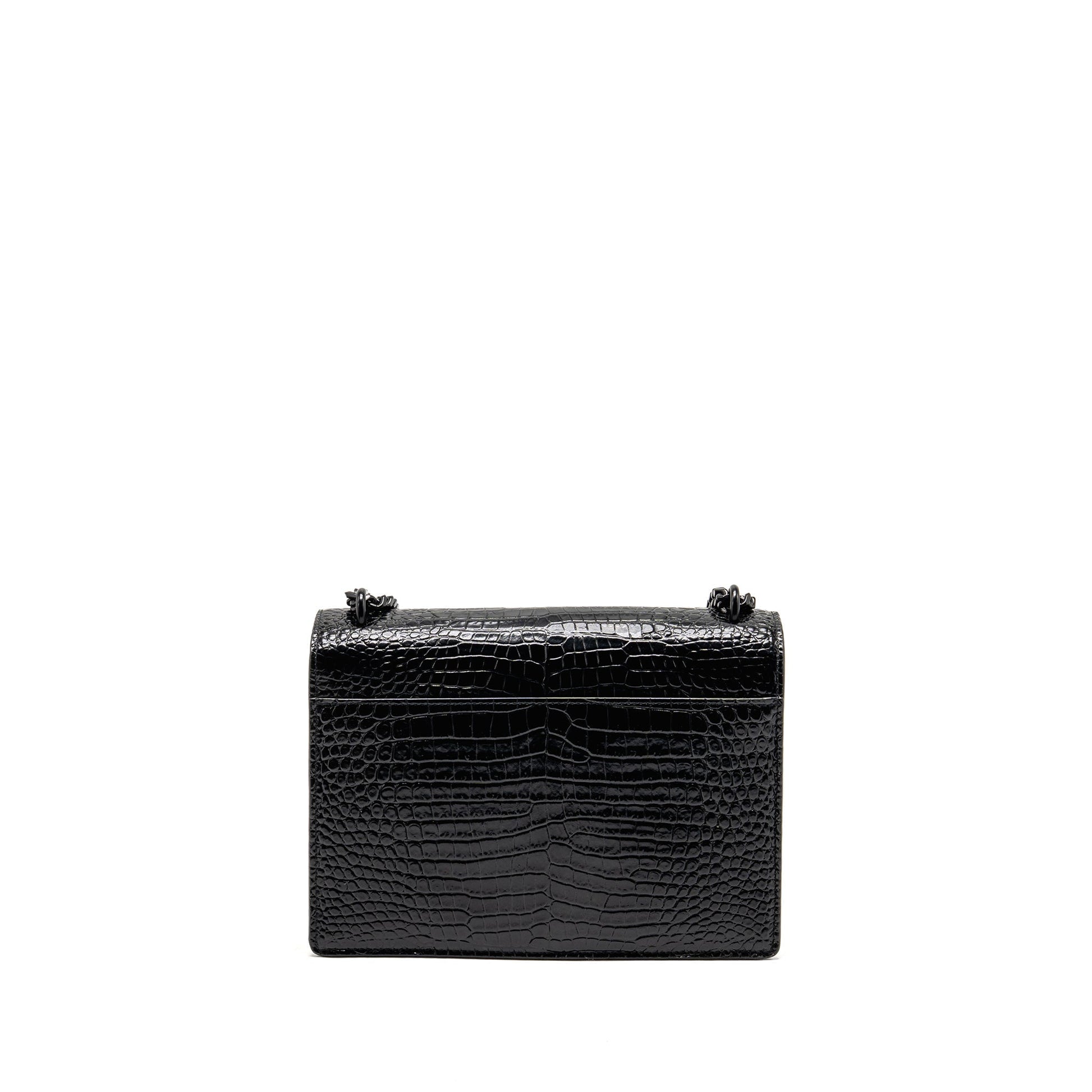 YSL Saint Laurent Sunset Crocodile Calfskin Handbag Black Medium Embossed Travel Bag