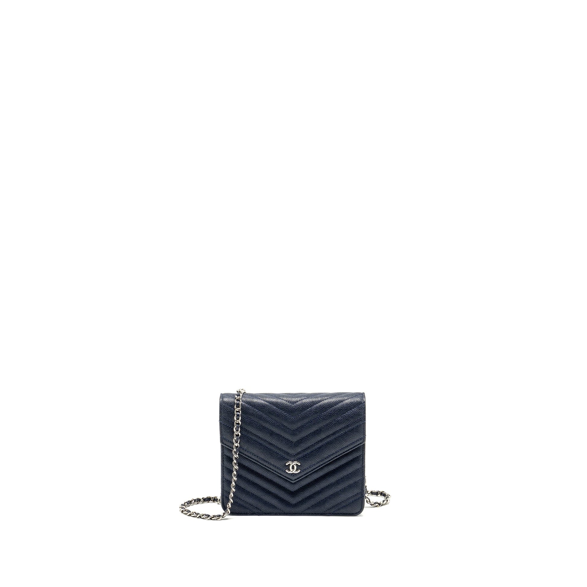 Chanel Square Chevron On Navy Caviar Navy Wallet Case